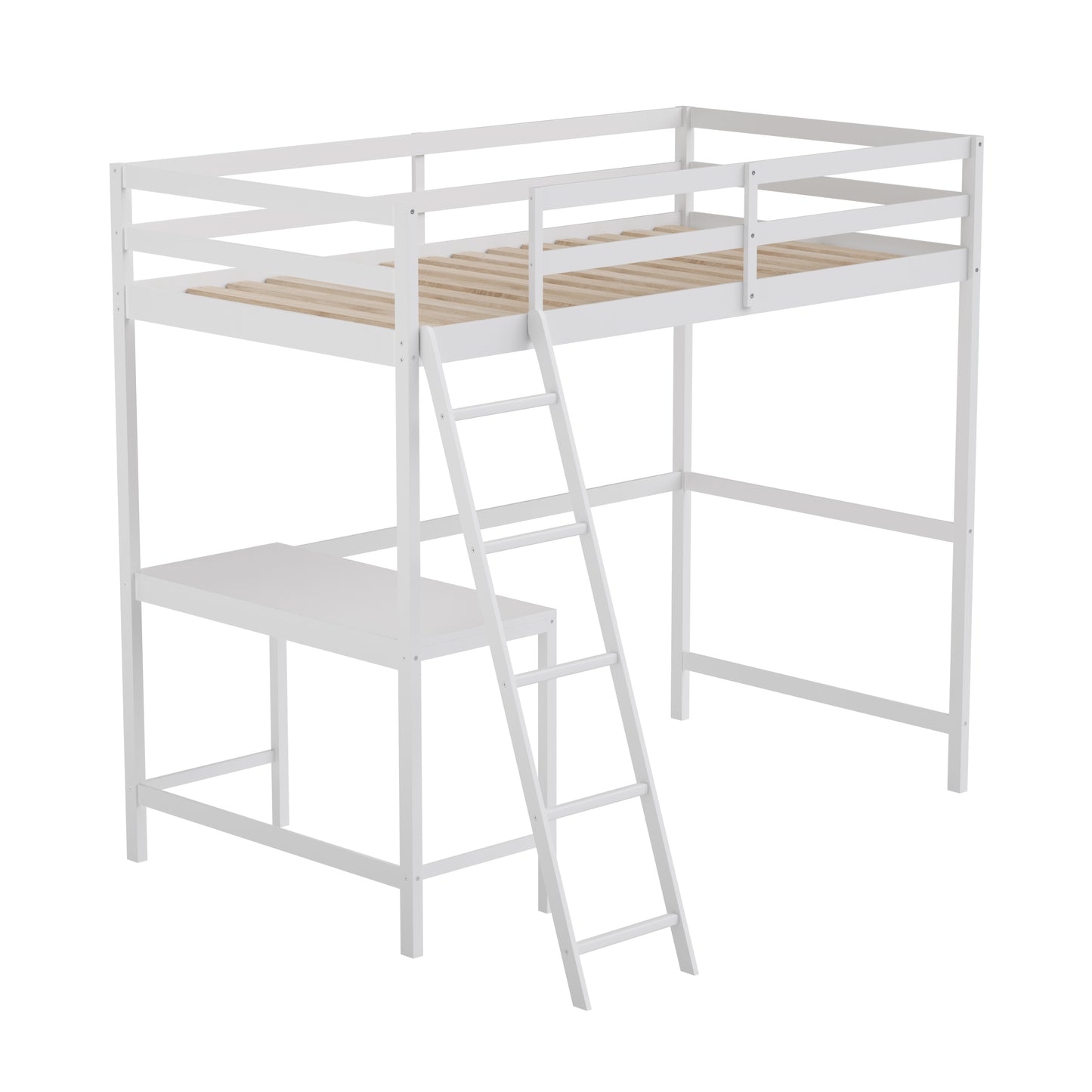 Riley Loft Bed Frame with Desk, Twin Size Wooden Bed Frame with Protective Guard Rails & Ladder for Kids and Teens - White White