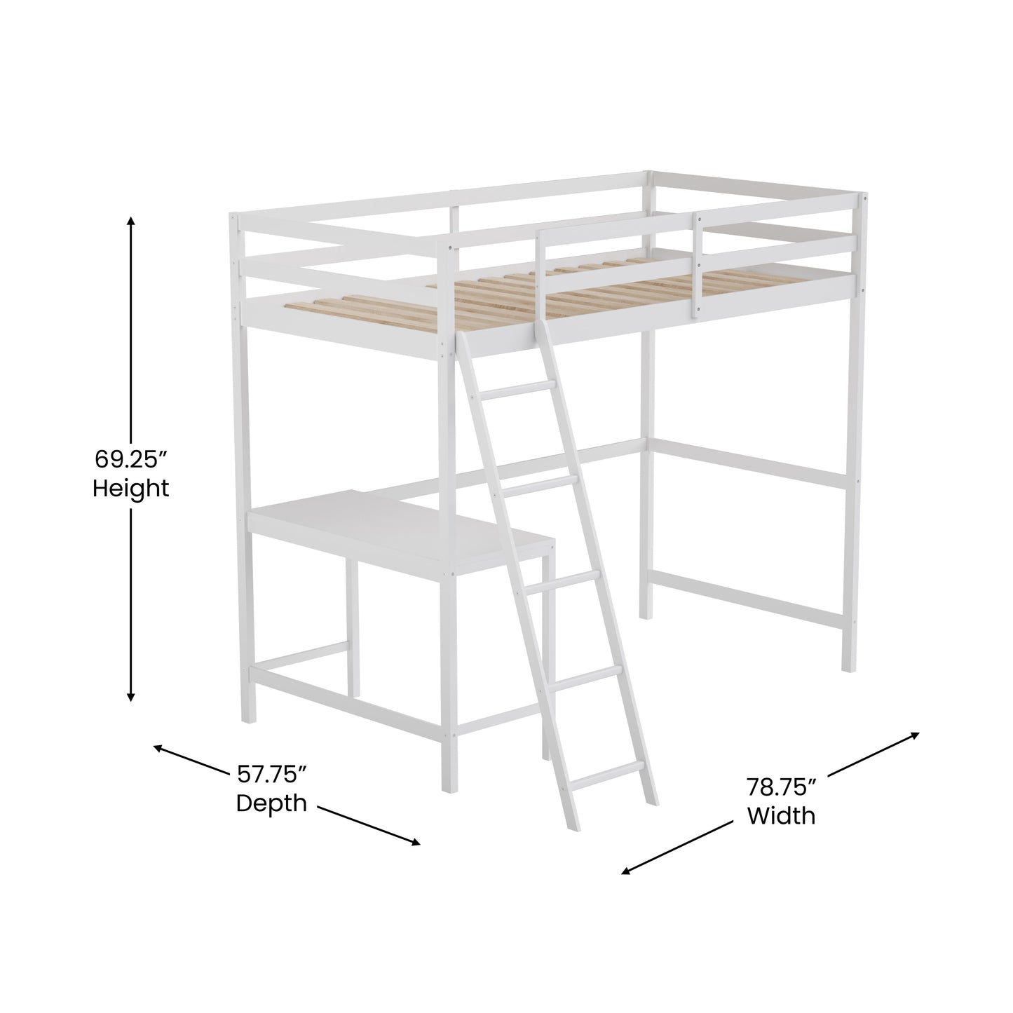 Riley Loft Bed Frame with Desk, Twin Size Wooden Bed Frame with Protective Guard Rails & Ladder for Kids and Teens - White White