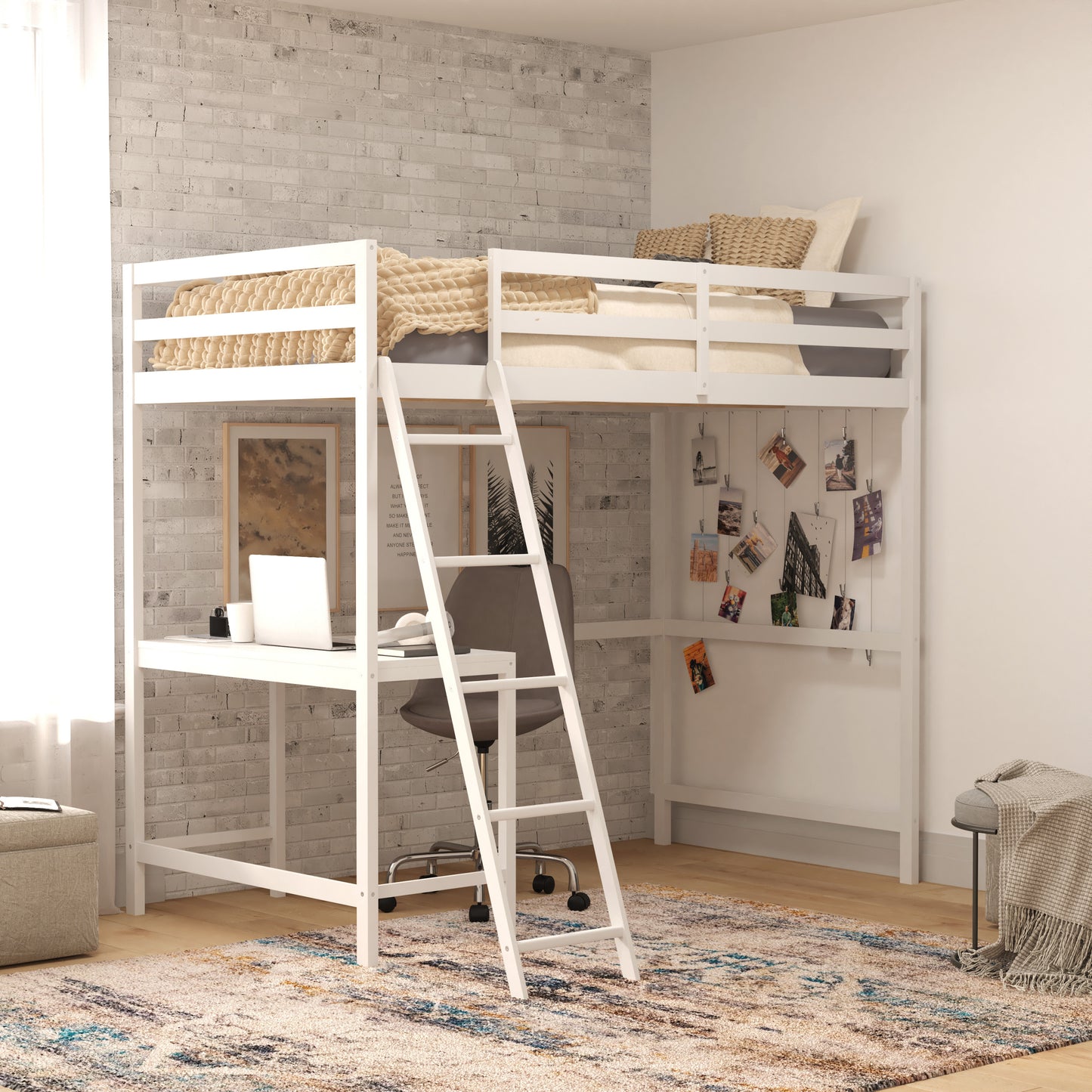 Riley Loft Bed Frame with Desk, Twin Size Wooden Bed Frame with Protective Guard Rails & Ladder for Kids and Teens - White White
