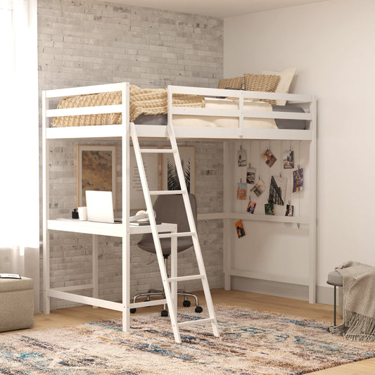 Riley Loft Bed Frame with Desk, Twin Size Wooden Bed Frame with Protective Guard Rails & Ladder for Kids and Teens - White White MH-LBD5-WH-T-GG