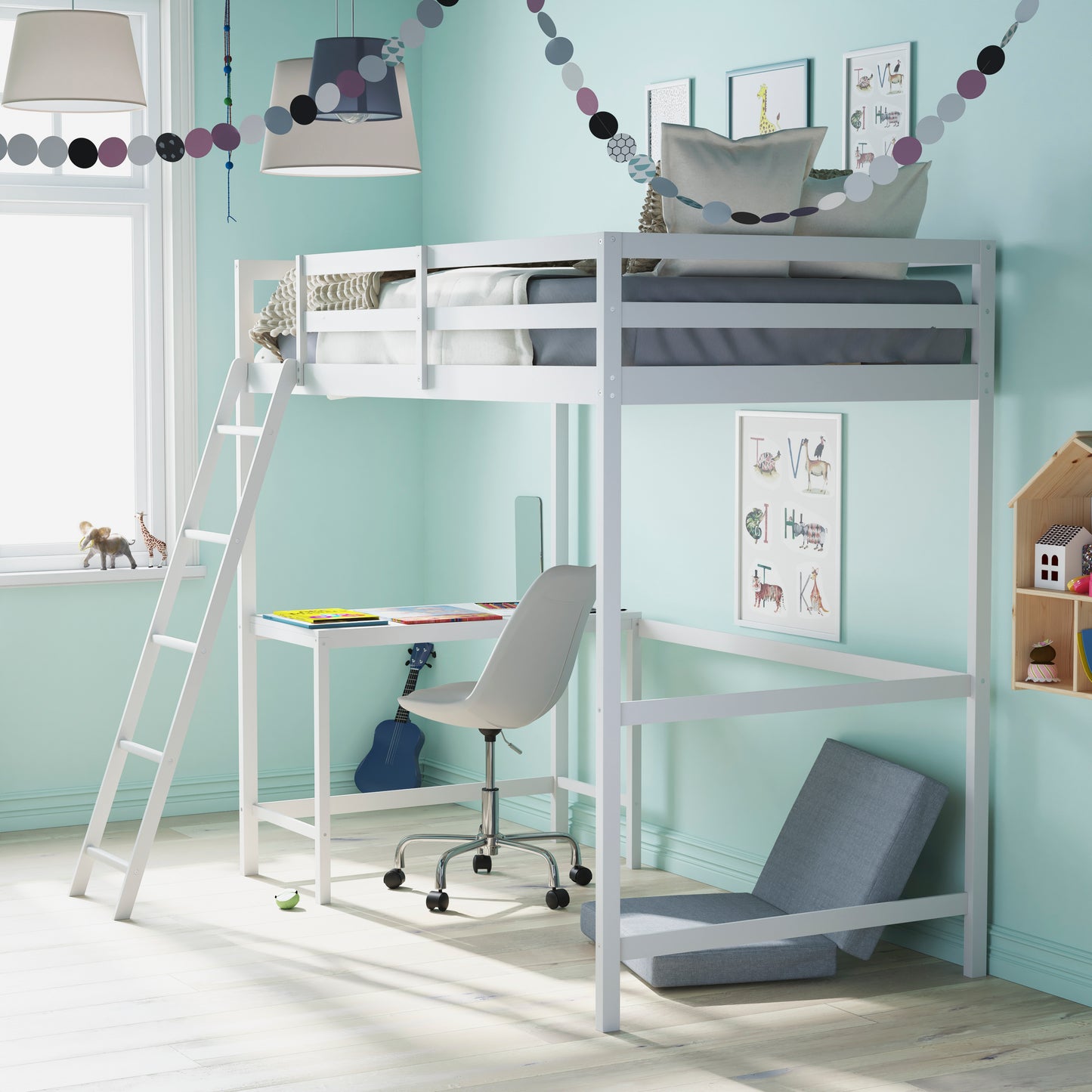 Riley Loft Bed Frame with Desk, Twin Size Wooden Bed Frame with Protective Guard Rails & Ladder for Kids and Teens - White White