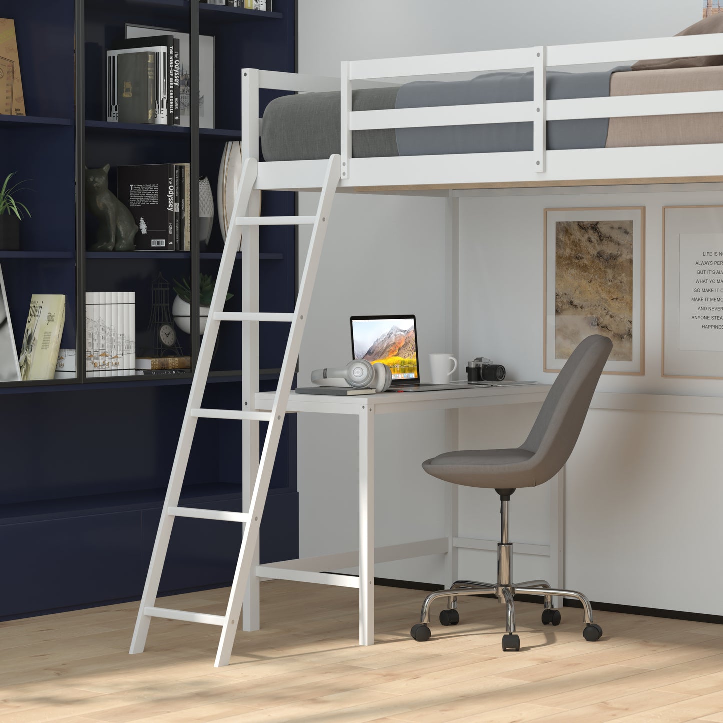 Riley Loft Bed Frame with Desk, Twin Size Wooden Bed Frame with Protective Guard Rails & Ladder for Kids and Teens - White White