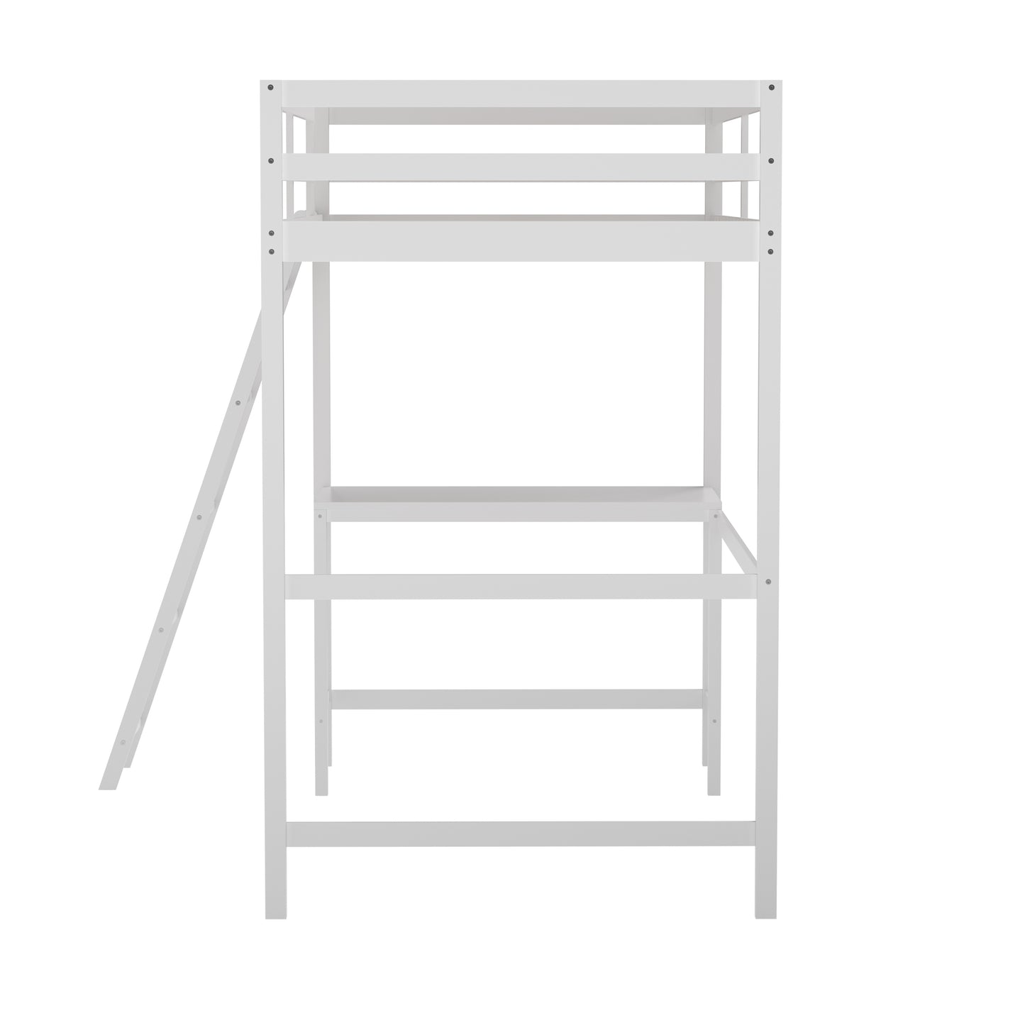 Riley Loft Bed Frame with Desk, Twin Size Wooden Bed Frame with Protective Guard Rails & Ladder for Kids and Teens - White White