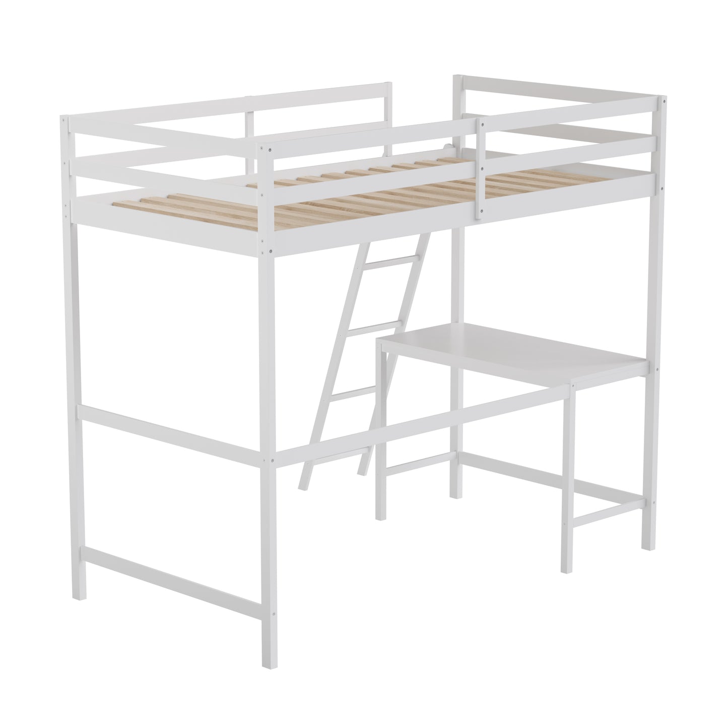 Riley Loft Bed Frame with Desk, Twin Size Wooden Bed Frame with Protective Guard Rails & Ladder for Kids and Teens - White White