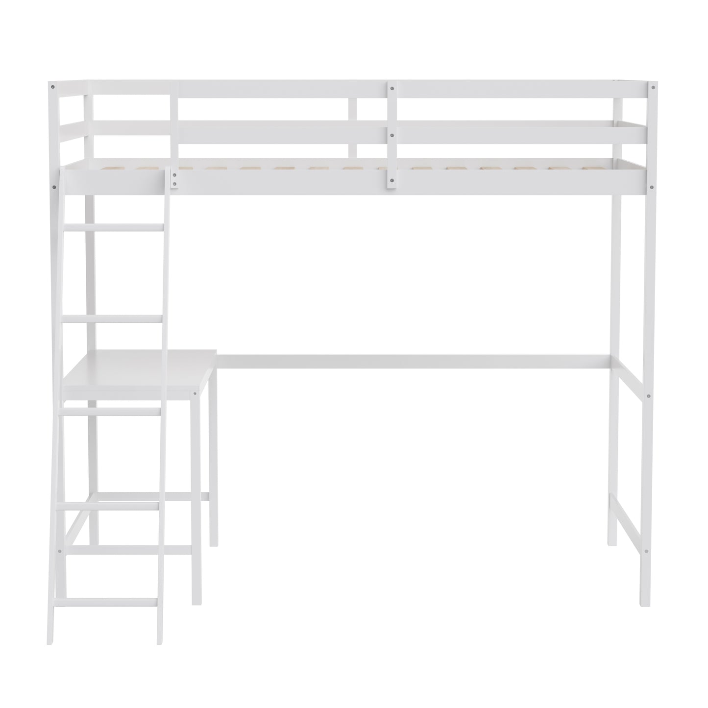 Riley Loft Bed Frame with Desk, Twin Size Wooden Bed Frame with Protective Guard Rails & Ladder for Kids and Teens - White White