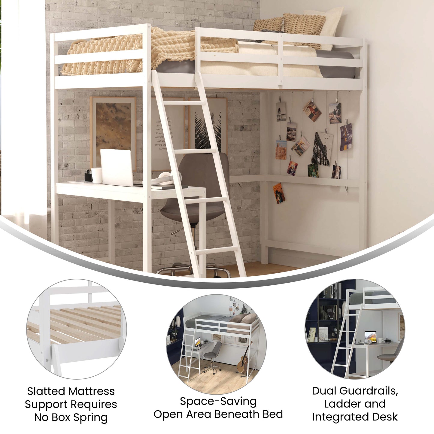 Riley Loft Bed Frame with Desk, Twin Size Wooden Bed Frame with Protective Guard Rails & Ladder for Kids and Teens - White White