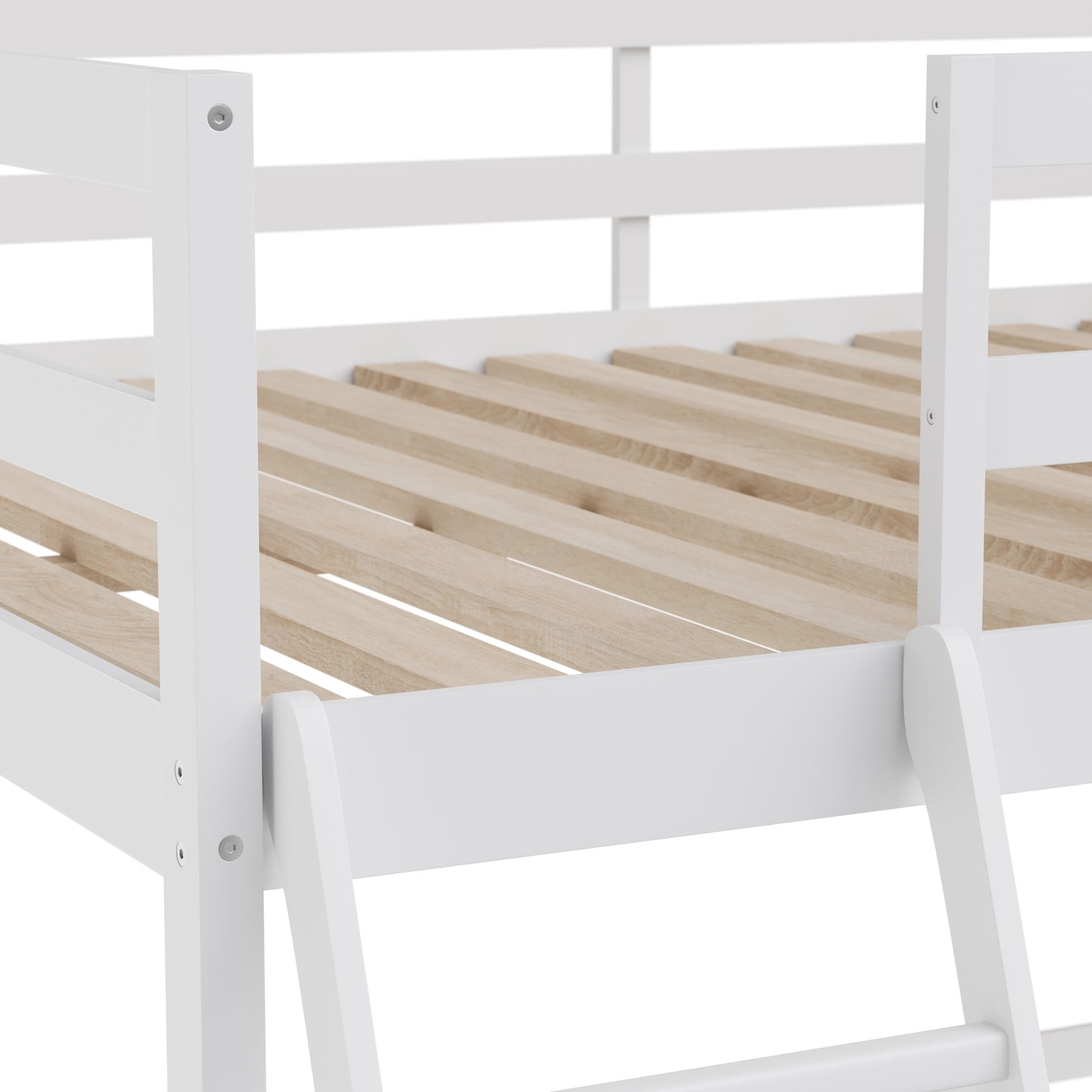 Riley Loft Bed Frame with Desk, Twin Size Wooden Bed Frame with Protective Guard Rails & Ladder for Kids and Teens - White White