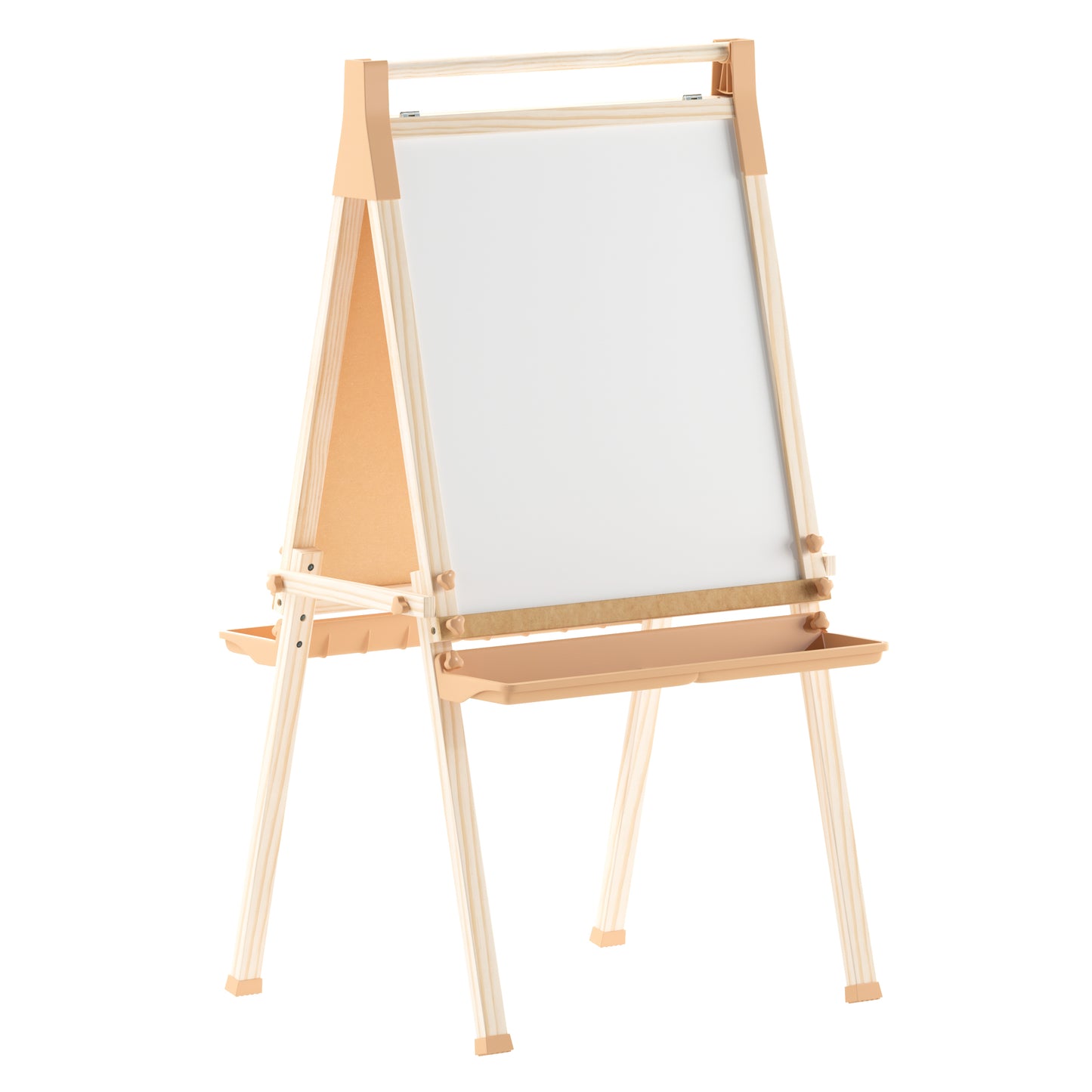Bright Beginnings Commercial Classroom Freestanding Wood Art Easel with Chalk Board, Dry -Erase Board, 2 Trays, Paper Roller, Paper Tear Bar, Natural Beech
