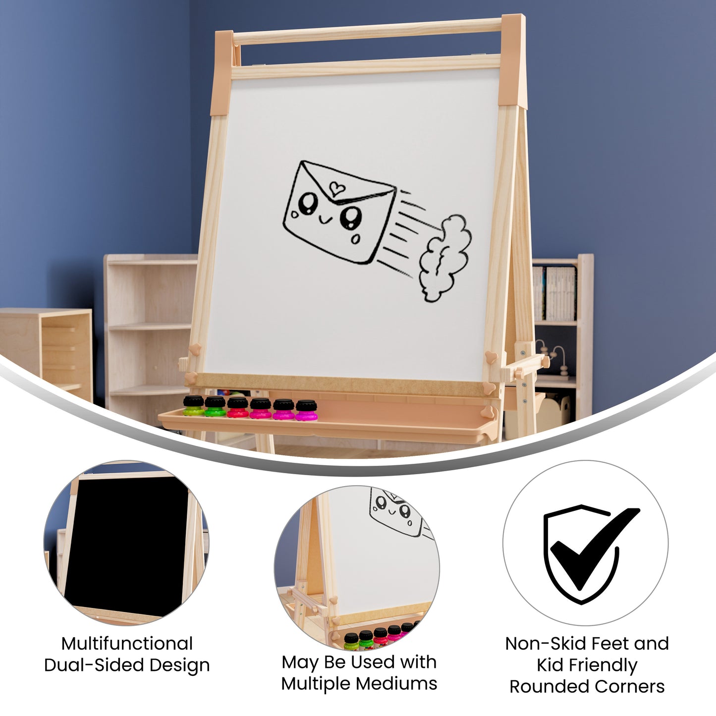 Bright Beginnings Commercial Classroom Freestanding Wood Art Easel with Chalk Board, Dry -Erase Board, 2 Trays, Paper Roller, Paper Tear Bar, Natural Beech