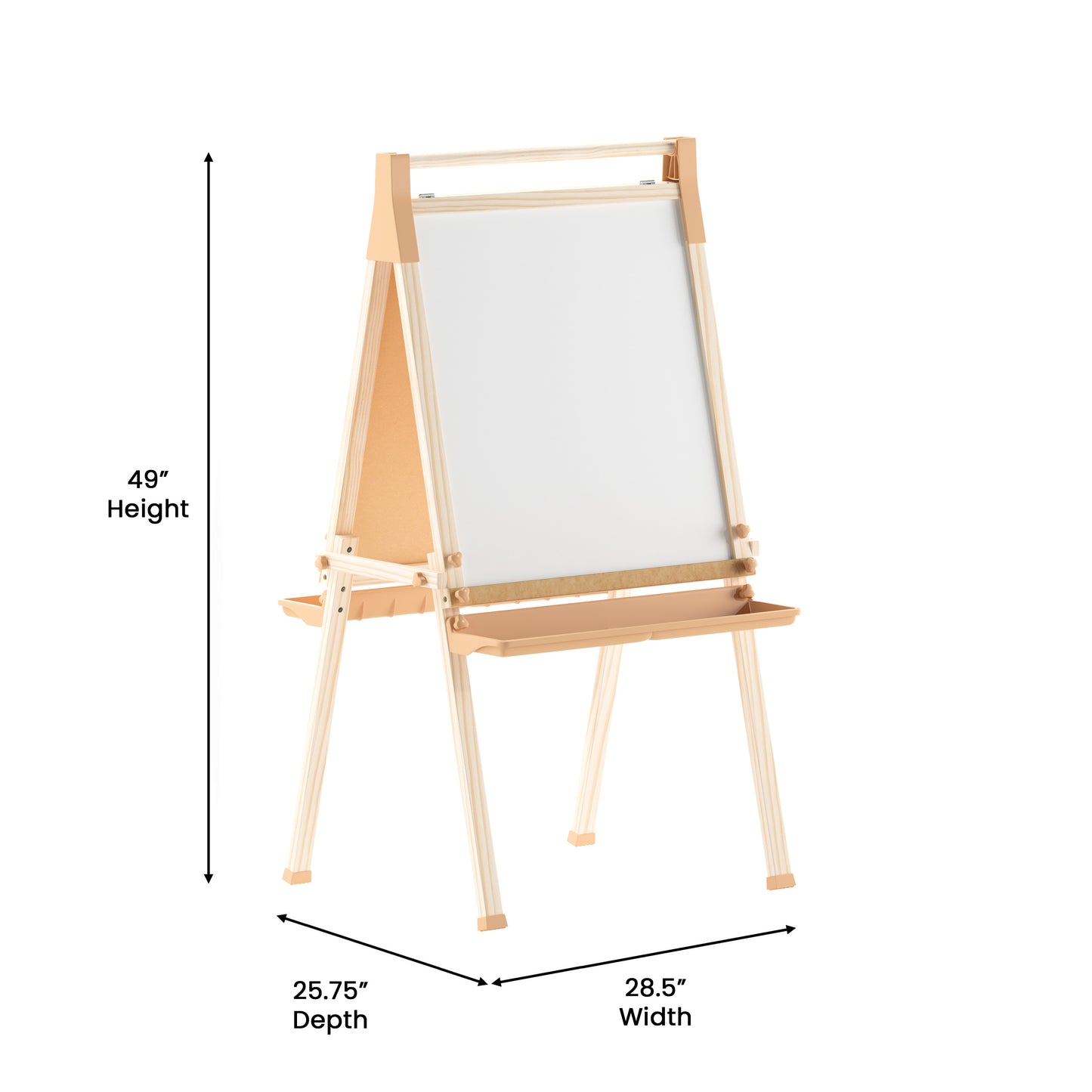 Bright Beginnings Commercial Classroom Freestanding Wood Art Easel with Chalk Board, Dry -Erase Board, 2 Trays, Paper Roller, Paper Tear Bar, Natural Beech