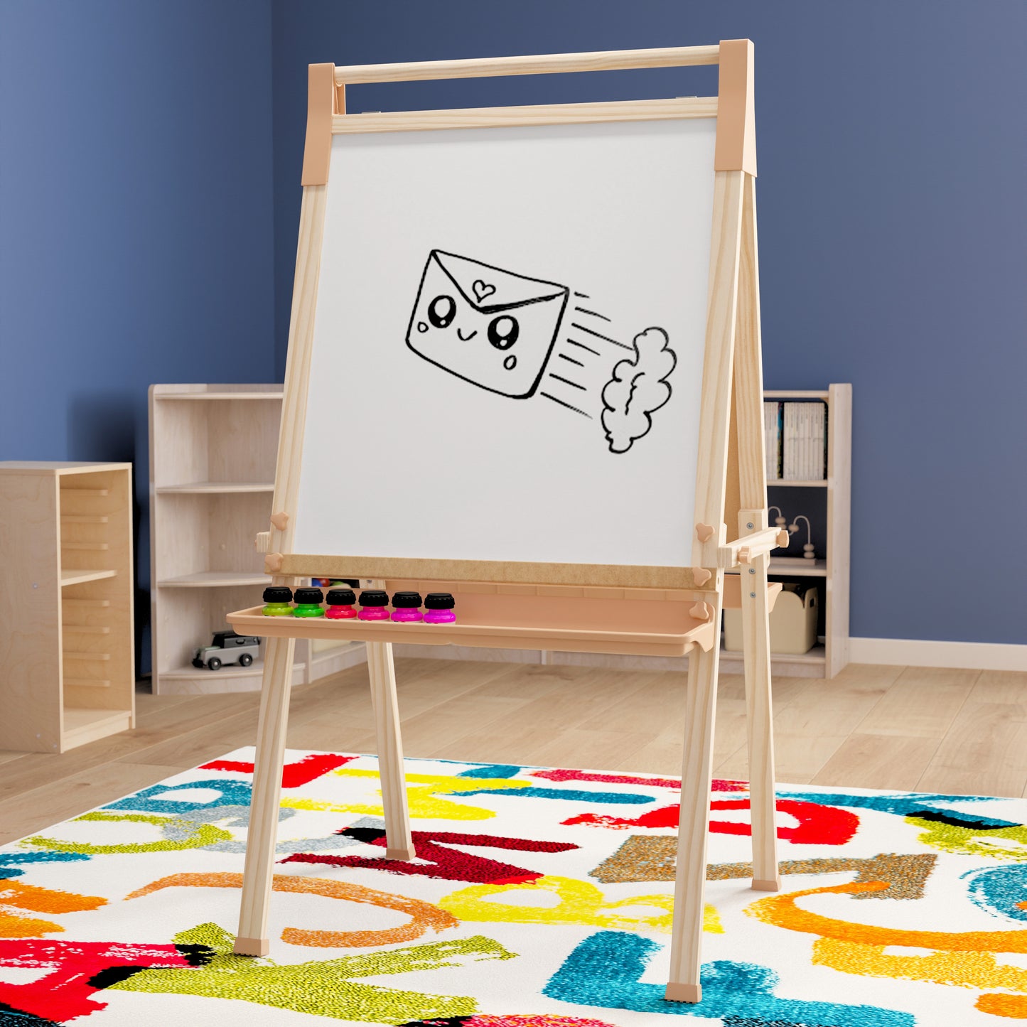 Bright Beginnings Commercial Classroom Freestanding Wood Art Easel with Chalk Board, Dry -Erase Board, 2 Trays, Paper Roller, Paper Tear Bar, Natural Beech