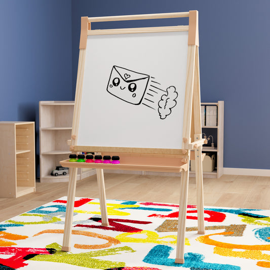 Bright Beginnings Commercial Classroom Freestanding Wood Art Easel with Chalk Board, Dry -Erase Board, 2 Trays, Paper Roller, Paper Tear Bar, Natural Beech