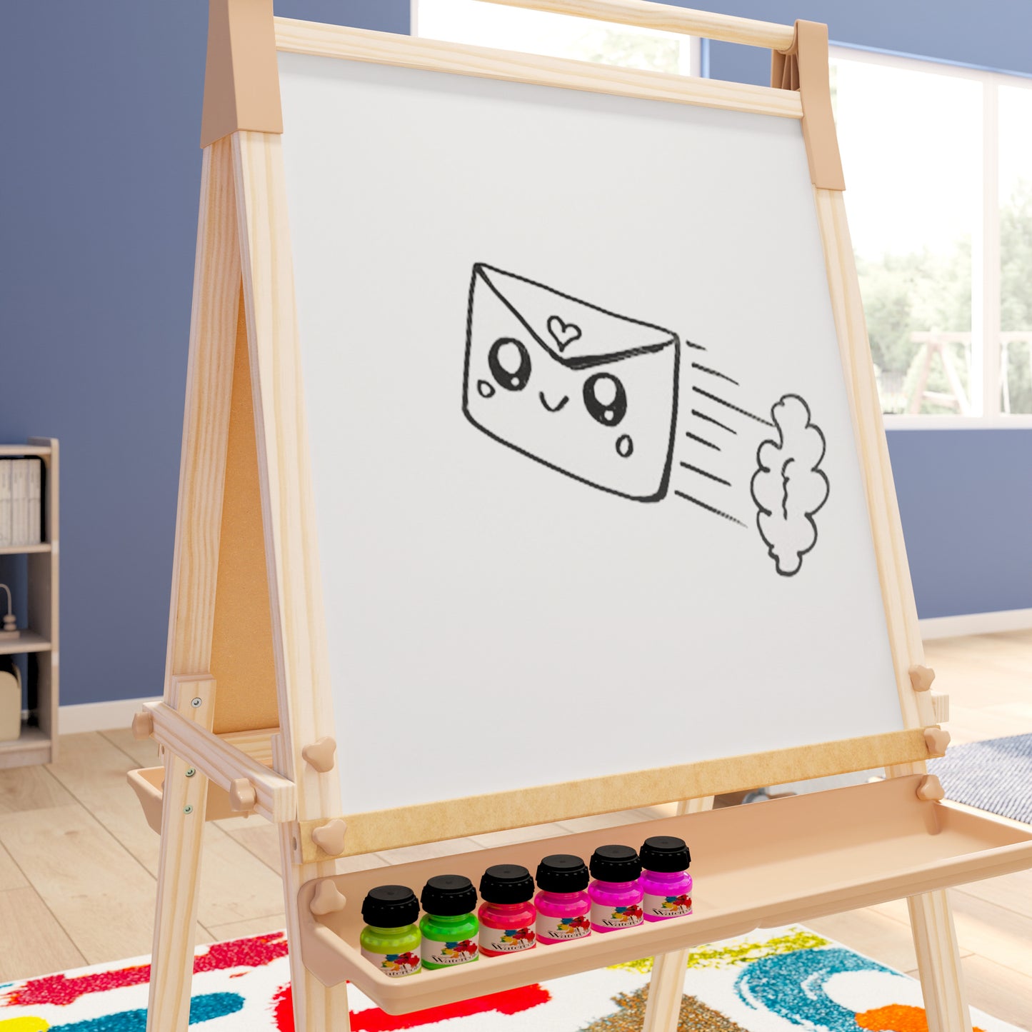 Bright Beginnings Commercial Classroom Freestanding Wood Art Easel with Chalk Board, Dry -Erase Board, 2 Trays, Paper Roller, Paper Tear Bar, Natural Beech