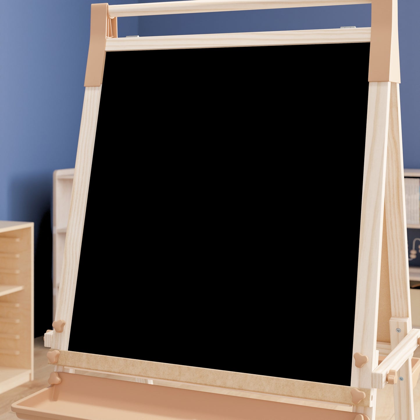 Bright Beginnings Commercial Classroom Freestanding Wood Art Easel with Chalk Board, Dry -Erase Board, 2 Trays, Paper Roller, Paper Tear Bar, Natural Beech