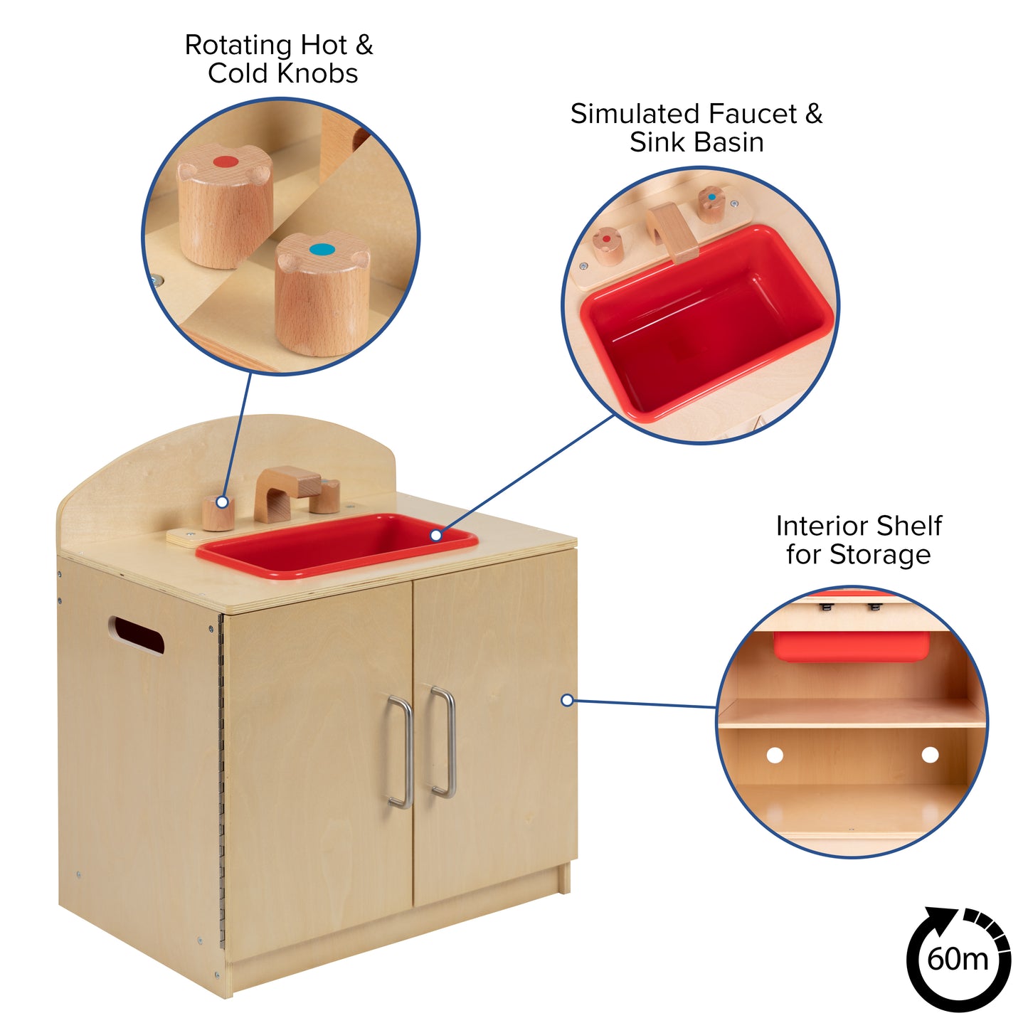 Hercules Children's Wooden Kitchen Sink for Commercial or Home Use - Safe, Kid Friendly Design Natural