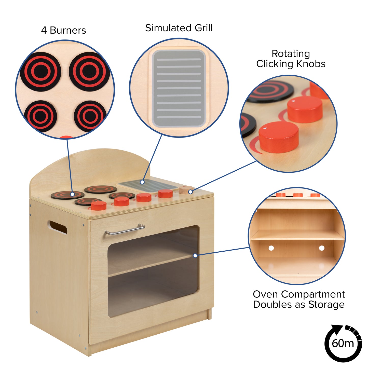 Hercules Children's Wooden Kitchen Set - Stove, Sink and Refrigerator for Commercial or Home Use - Safe, Kid Friendly Design Natural