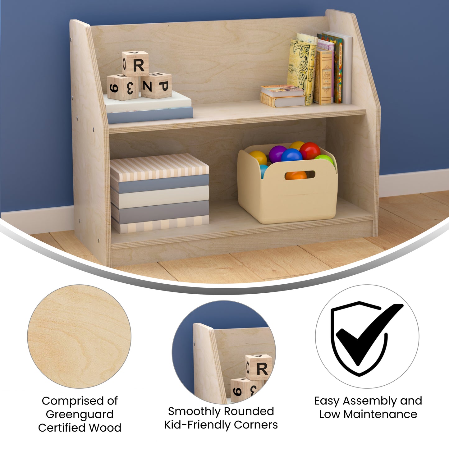 Bright Beginnings Commercial Grade Modular 2 Shelf Wooden Classroom Display Shelf, Natural Beech