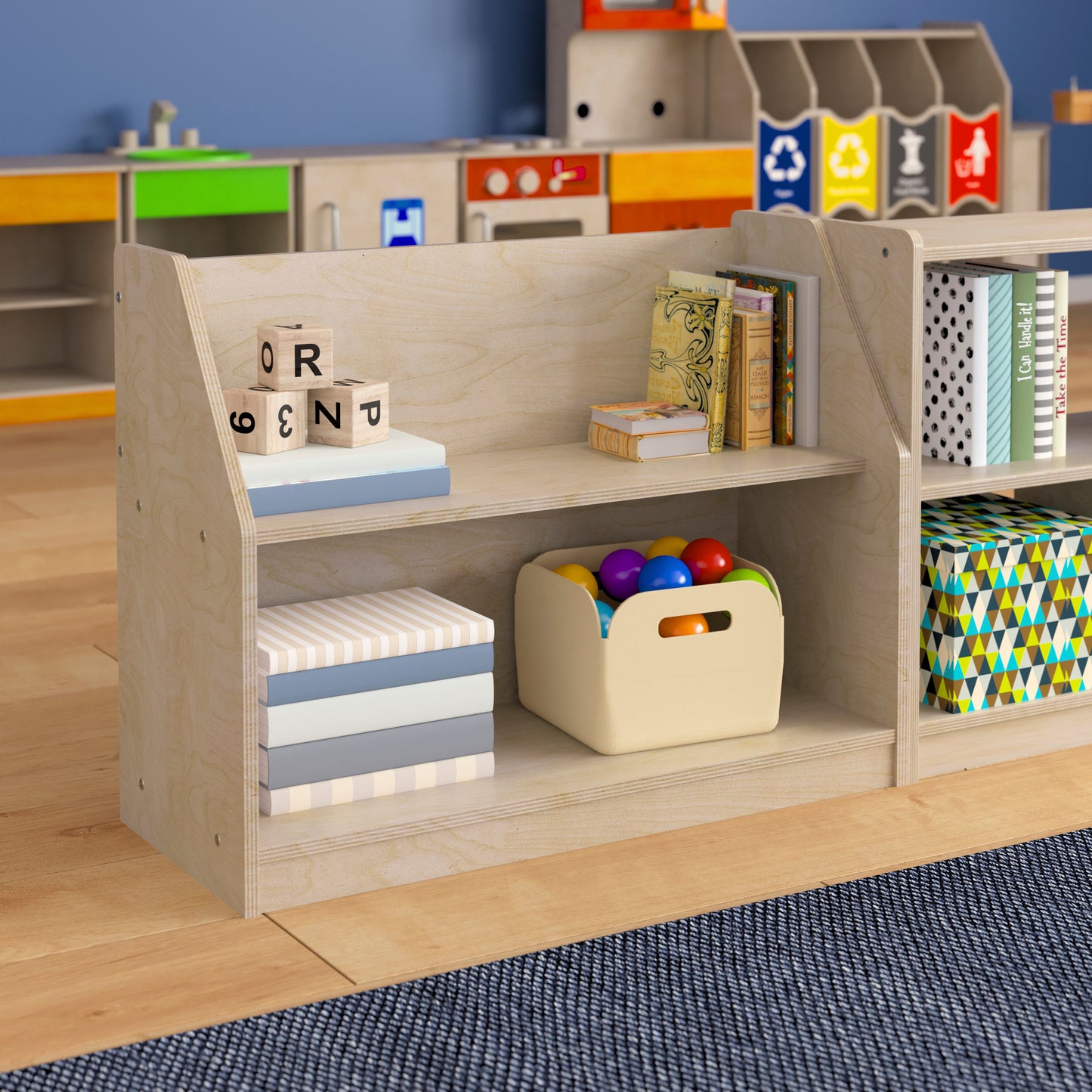 Bright Beginnings Commercial Grade Modular 2 Shelf Wooden Classroom Display Shelf, Natural Beech