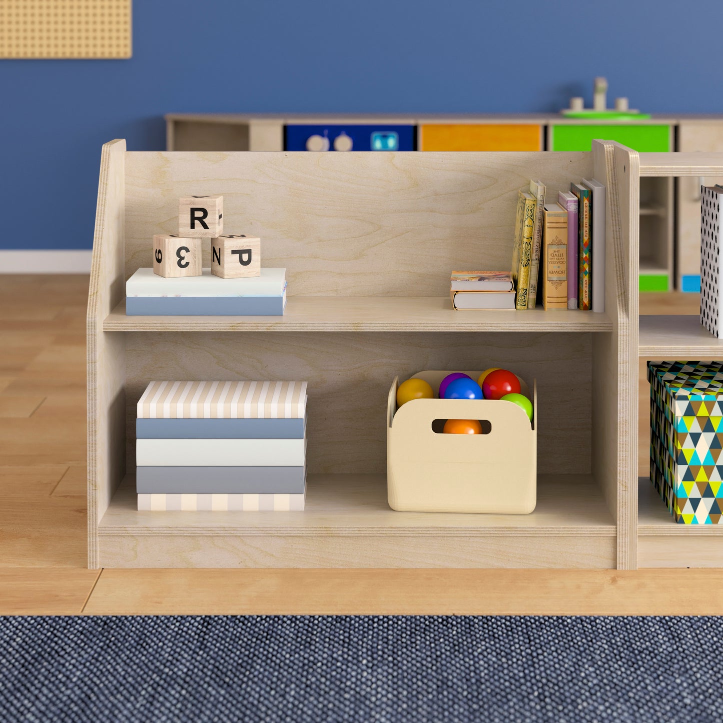 Bright Beginnings Commercial Grade Modular 2 Shelf Wooden Classroom Display Shelf, Natural Beech