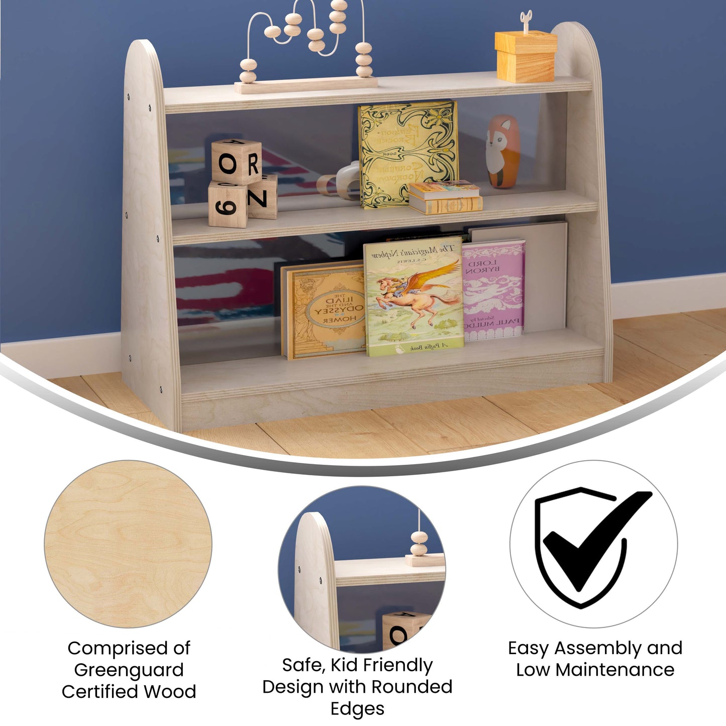 Bright Beginnings Commercial Grade 3 Shelf Double Sided Wooden Classroom Storage Unit with Clear Plastic Divider, Safe, Kid Friendly Design, Natural Beech