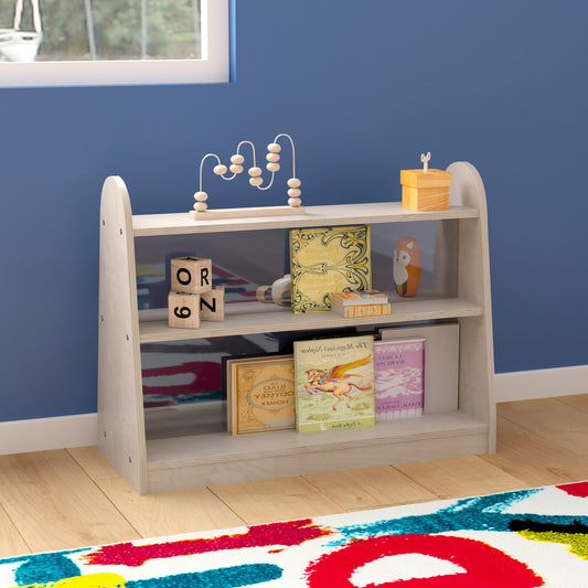 Bright Beginnings Commercial Grade 3 Shelf Double Sided Wooden Classroom Storage Unit with Clear Plastic Divider, Safe, Kid Friendly Design, Natural Beech