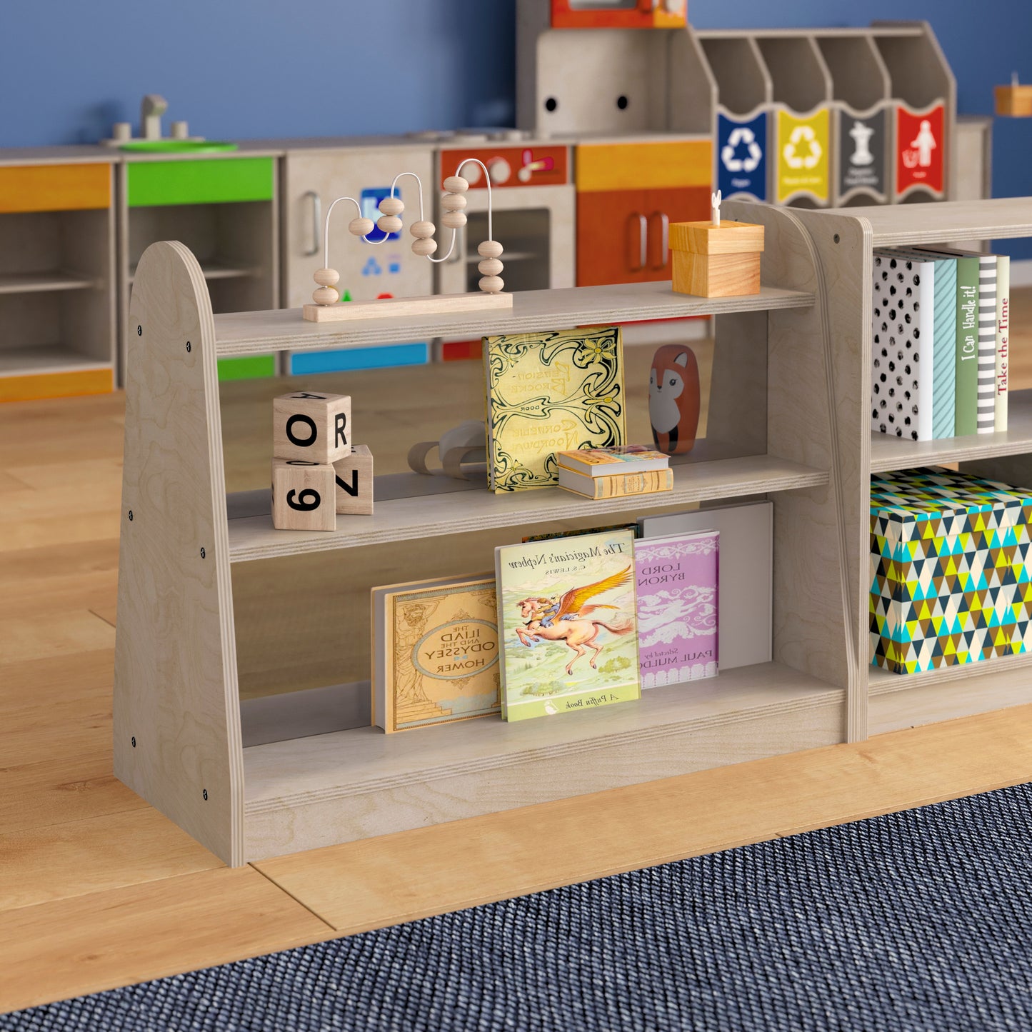 Bright Beginnings Commercial Grade 3 Shelf Double Sided Wooden Classroom Storage Unit with Clear Plastic Divider, Safe, Kid Friendly Design, Natural Beech