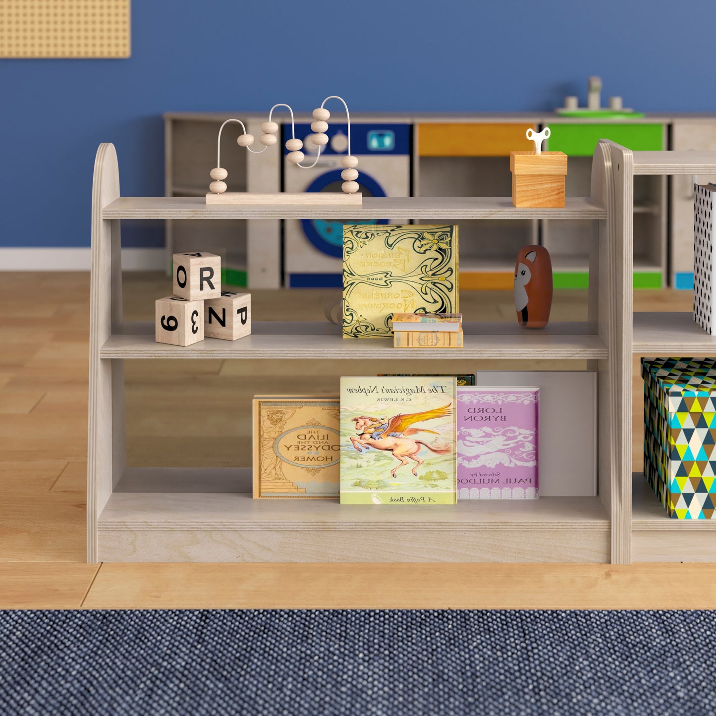 Bright Beginnings Commercial Grade 3 Shelf Double Sided Wooden Classroom Storage Unit with Clear Plastic Divider, Safe, Kid Friendly Design, Natural Beech