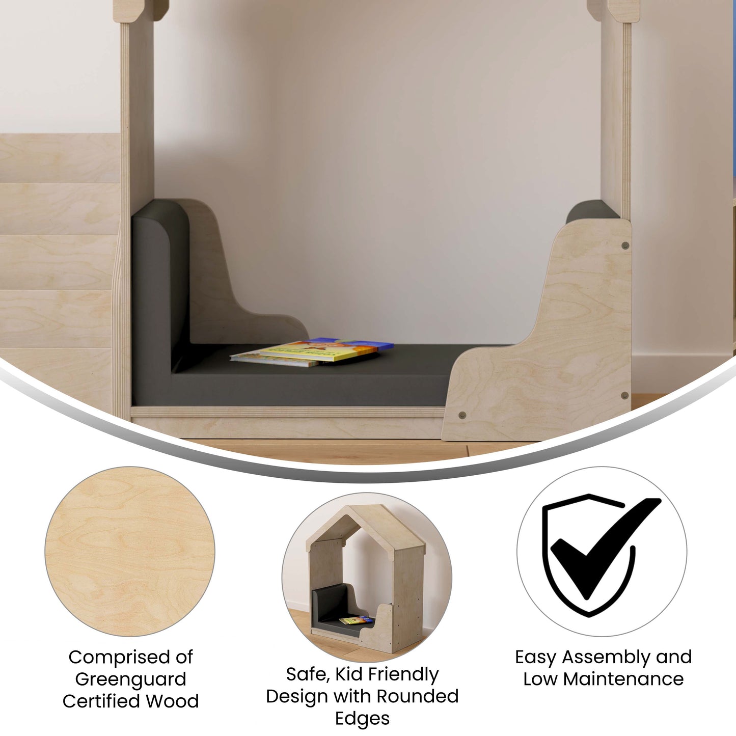 Bright Beginnings Commercial Grade Green Guard Certified Wooden Quiet Corner Reading Nook with Padded Soft Seating Beech