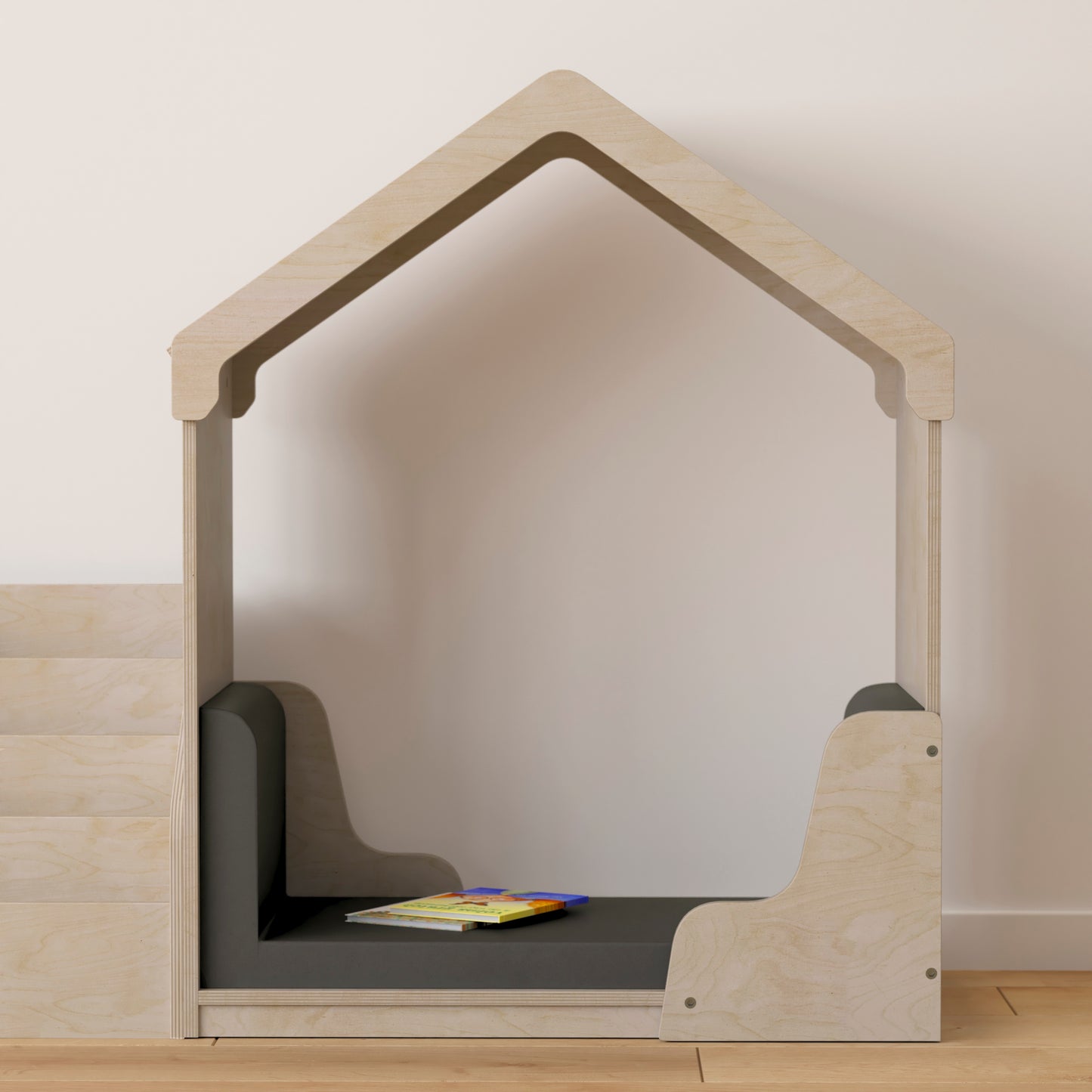 Bright Beginnings Commercial Grade Green Guard Certified Wooden Quiet Corner Reading Nook with Padded Soft Seating Beech