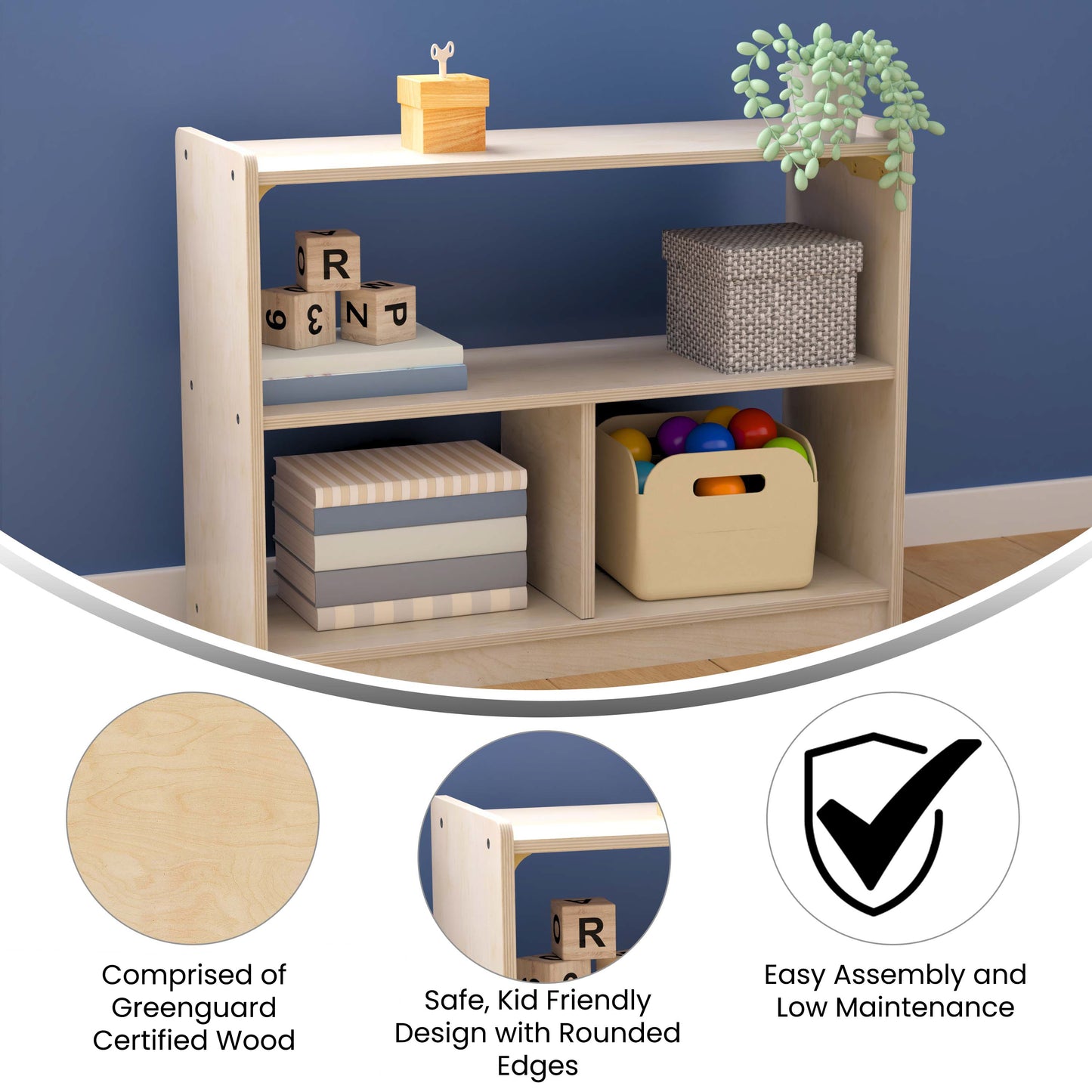 Bright Beginnings Commercial Grade 3 Section Modular Wooden Classroom Open Storage Unit, Safe, Kid Friendly Design, Natural Beech