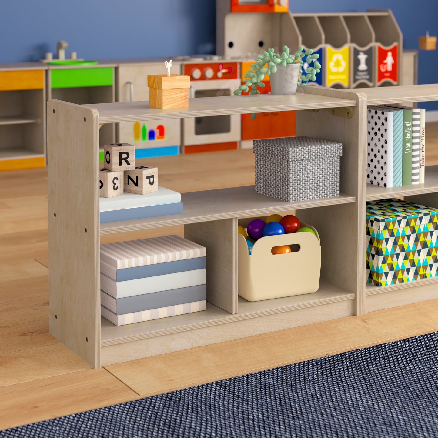 Bright Beginnings Commercial Grade 3 Section Modular Wooden Classroom Open Storage Unit, Safe, Kid Friendly Design, Natural Beech