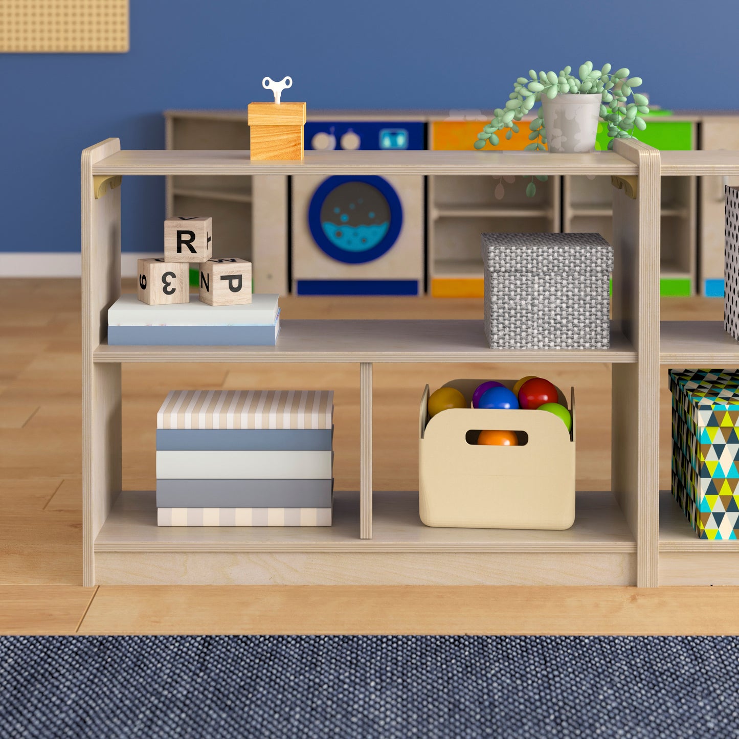 Bright Beginnings Commercial Grade 3 Section Modular Wooden Classroom Open Storage Unit, Safe, Kid Friendly Design, Natural Beech