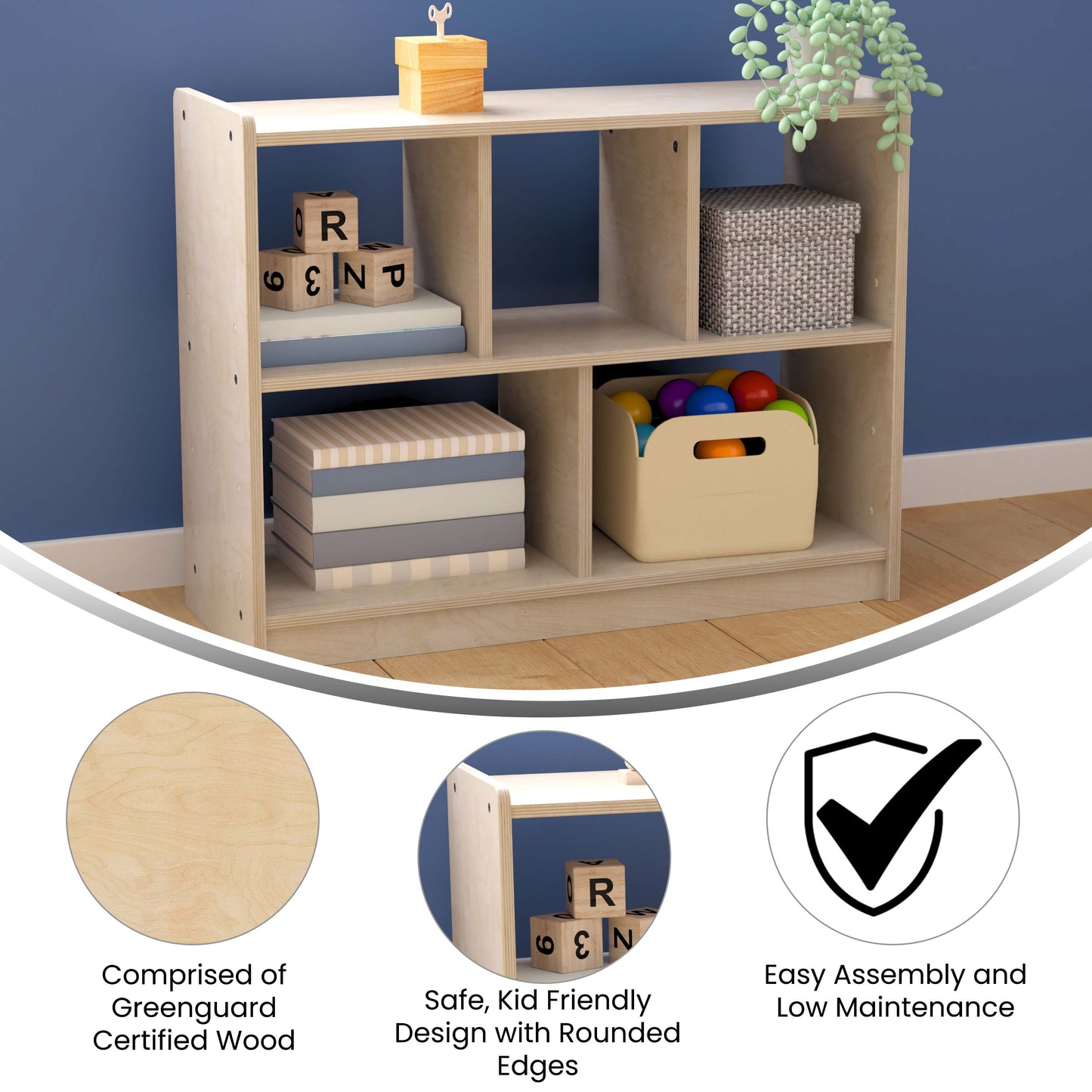 Bright Beginnings Commercial Grade 5 Section Modular Wooden Classroom Open Storage Unit, Safe, Kid Friendly Design, Natural Beech