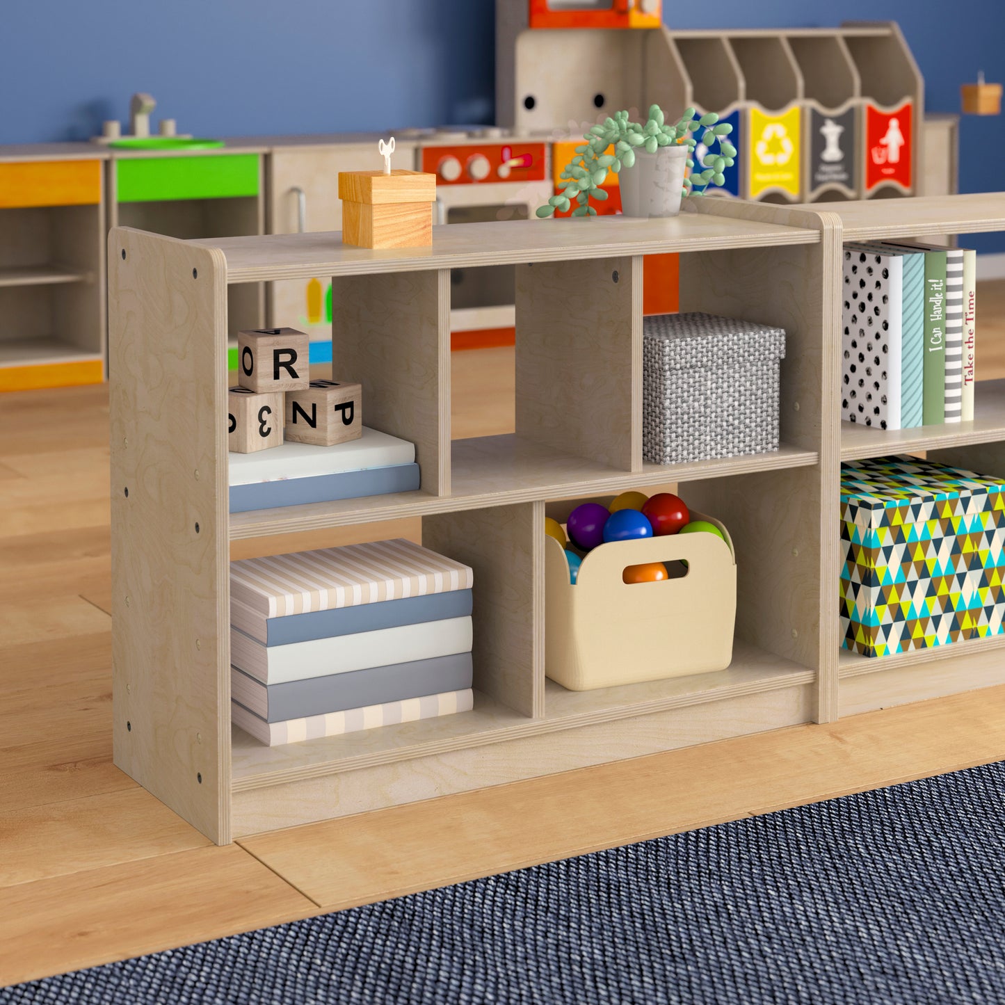 Bright Beginnings Commercial Grade 5 Section Modular Wooden Classroom Open Storage Unit, Safe, Kid Friendly Design, Natural Beech