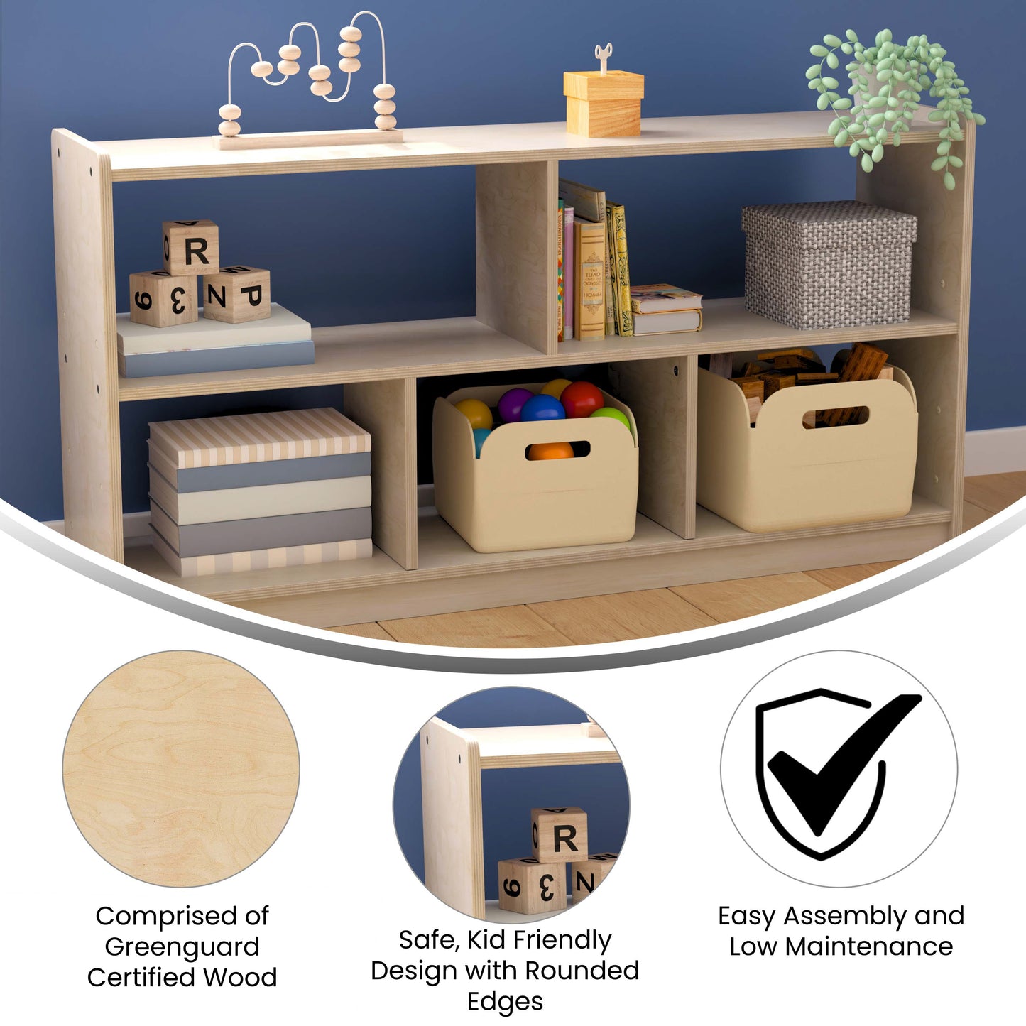 Bright Beginnings Commercial Grade Extra Wide 5 Section Modular Wooden Classroom Open Storage Unit, Safe, Kid Friendly Design, Natural Beech MK-KE23957-GG