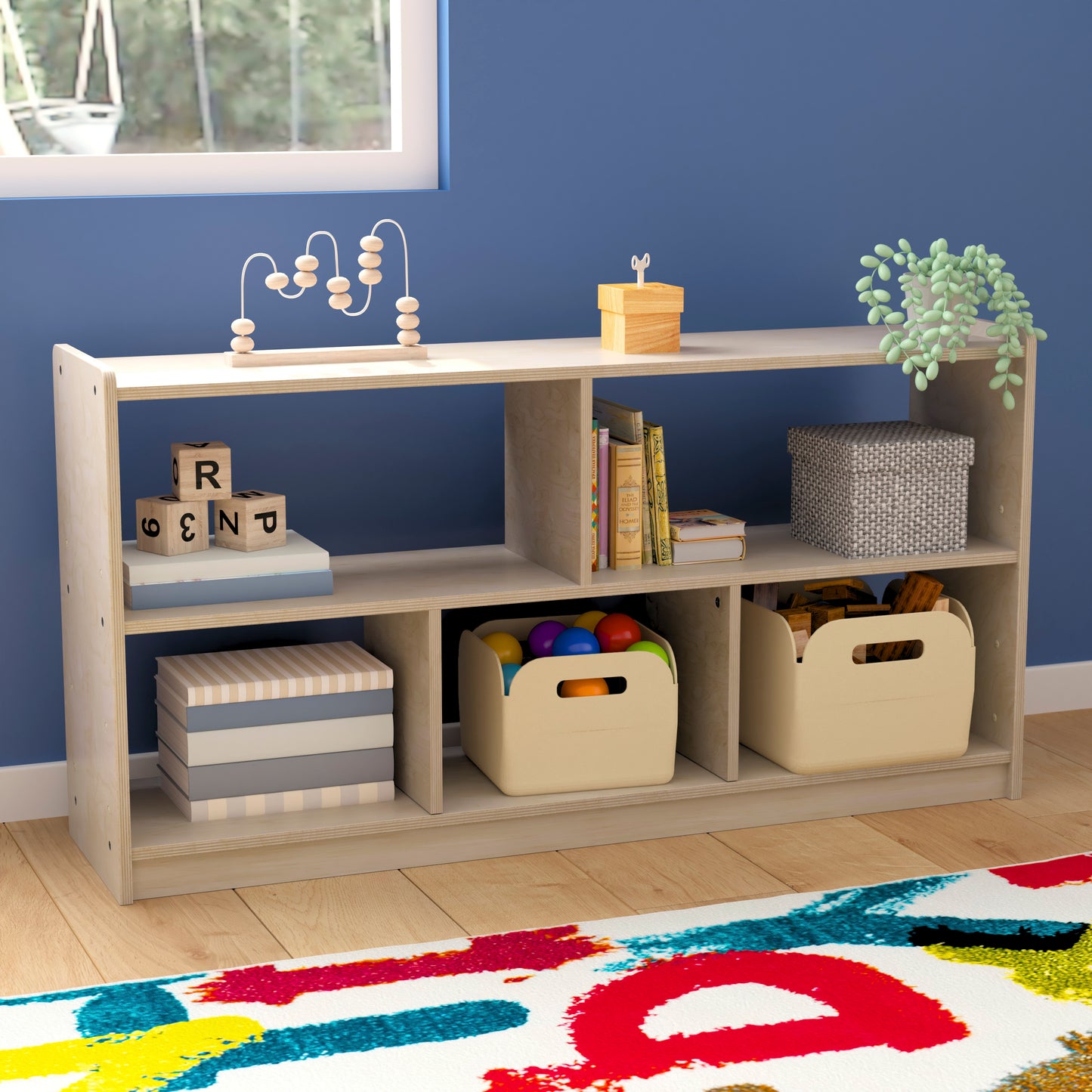 Bright Beginnings Commercial Grade Extra Wide 5 Section Modular Wooden Classroom Open Storage Unit, Safe, Kid Friendly Design, Natural Beech MK-KE23957-GG