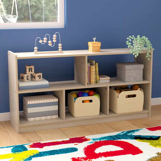 Bright Beginnings Commercial Grade Extra Wide 5 Section Modular Wooden Classroom Open Storage Unit, Safe, Kid Friendly Design, Natural Beech