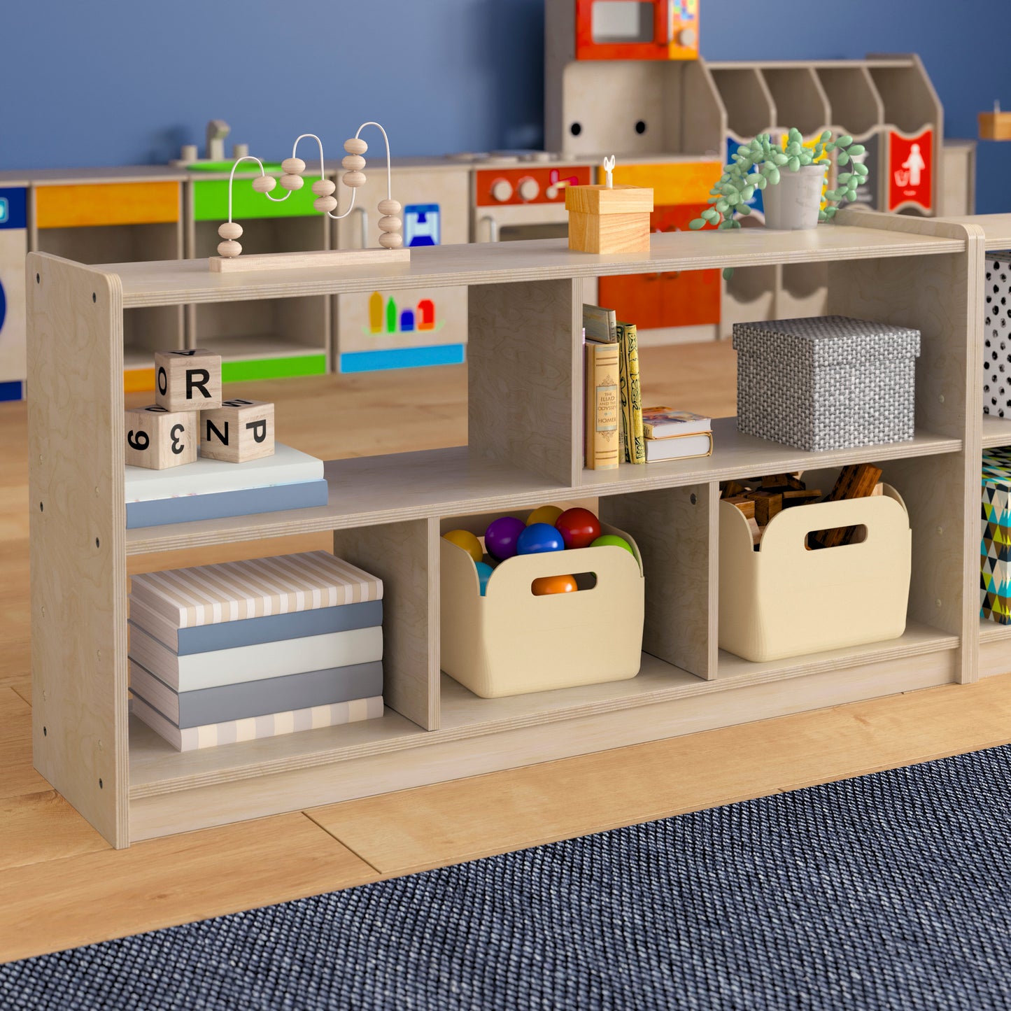 Bright Beginnings Commercial Grade Extra Wide 5 Section Modular Wooden Classroom Open Storage Unit, Safe, Kid Friendly Design, Natural Beech MK-KE23957-GG