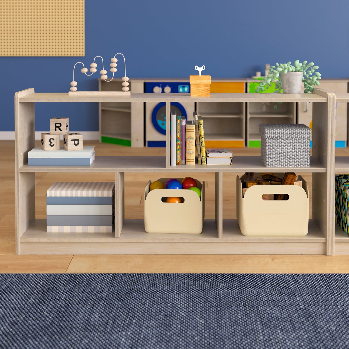 Bright Beginnings Commercial Grade Extra Wide 5 Section Modular Wooden Classroom Open Storage Unit, Safe, Kid Friendly Design, Natural Beech MK-KE23957-GG