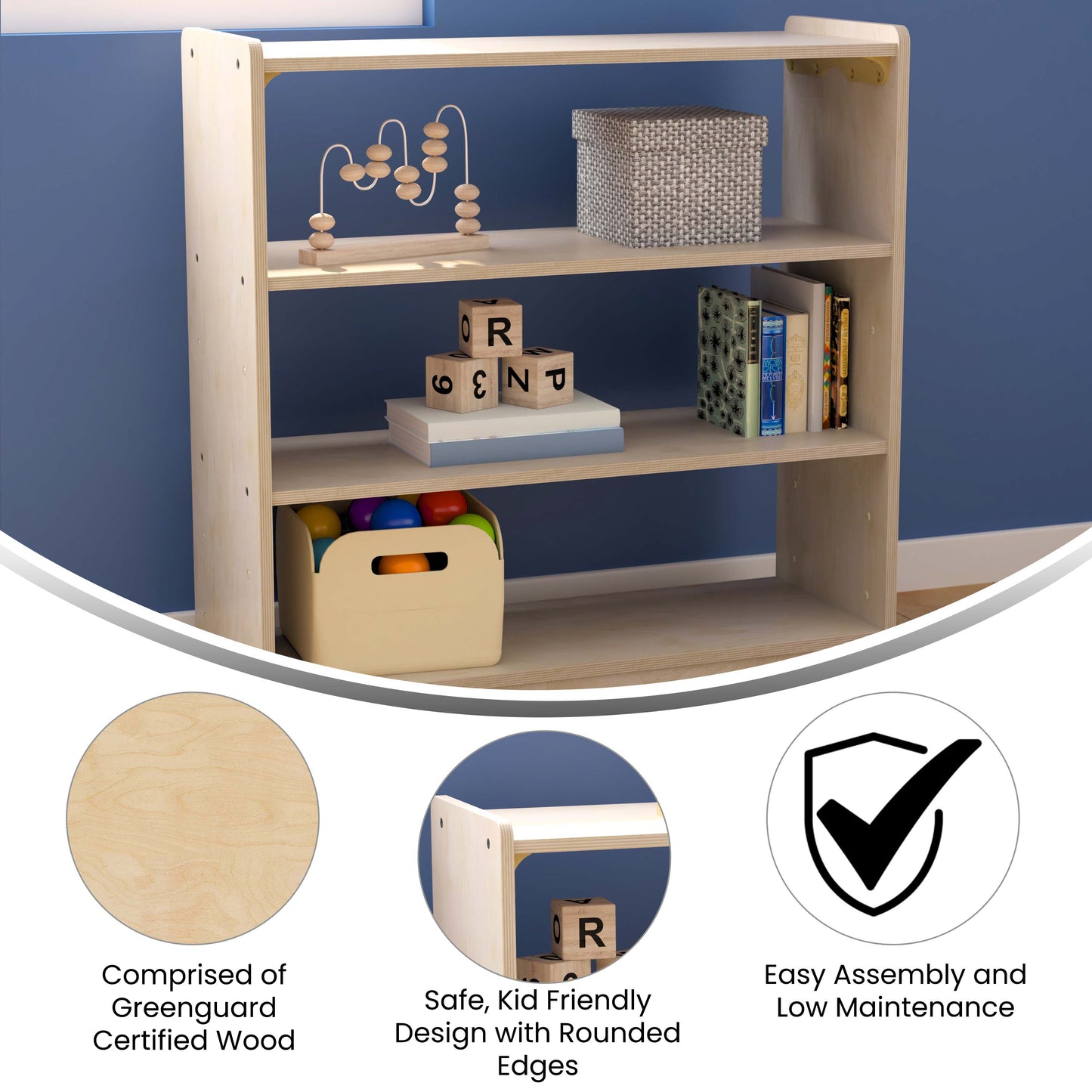 Bright Beginnings Commercial Grade 3 Shelf Wooden Classroom Open Storage Unit, Safe, Kid Friendly Design, Natural Beech