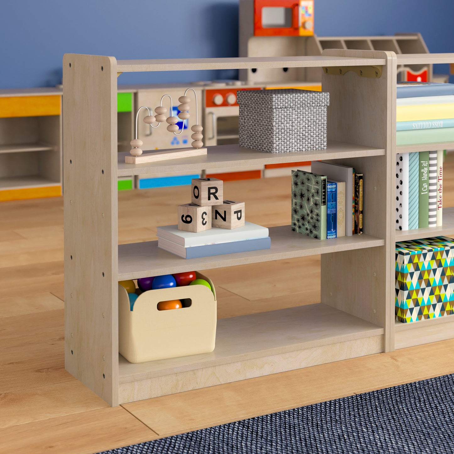 Bright Beginnings Commercial Grade 3 Shelf Wooden Classroom Open Storage Unit, Safe, Kid Friendly Design, Natural Beech