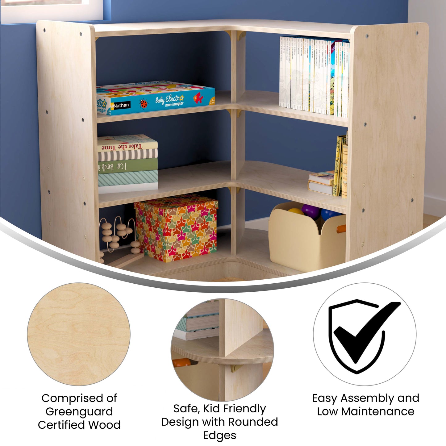 Bright Beginnings Commercial Grade 3 Tier Wooden Classroom Open Corner Storage Unit, Safe, Kid Friendly Design, Natural Beech
