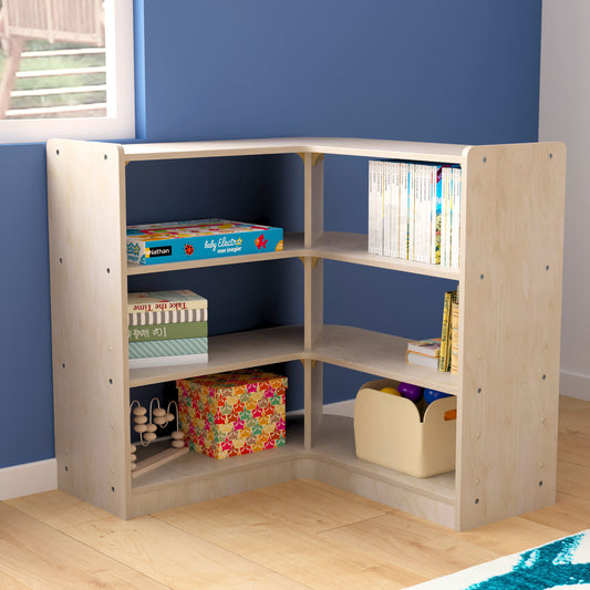 Bright Beginnings Commercial Grade 3 Tier Wooden Classroom Open Corner Storage Unit, Safe, Kid Friendly Design, Natural Beech