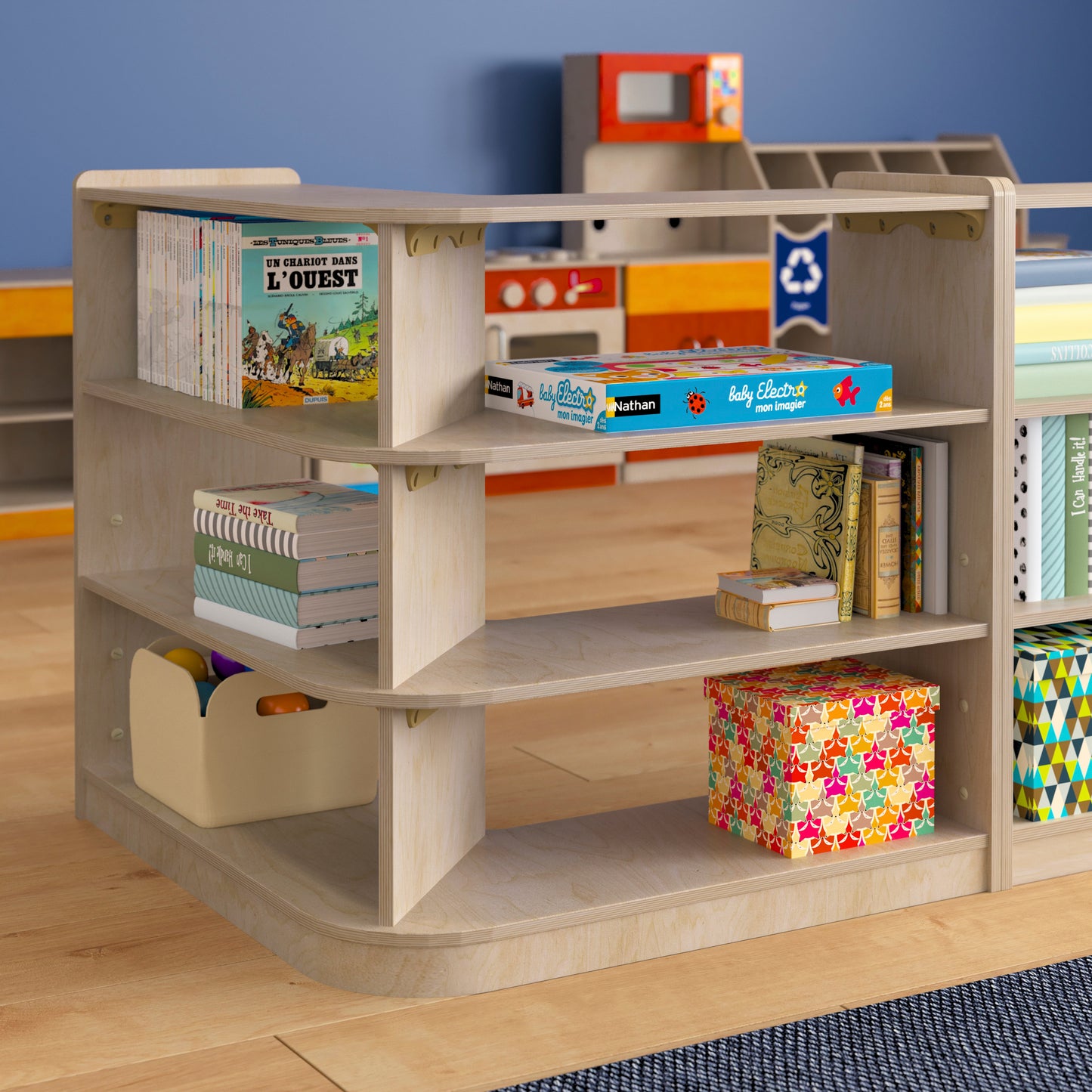 Bright Beginnings Commercial Grade 3 Tier Wooden Classroom Open Corner Storage Unit, Safe, Kid Friendly Design, Natural Beech