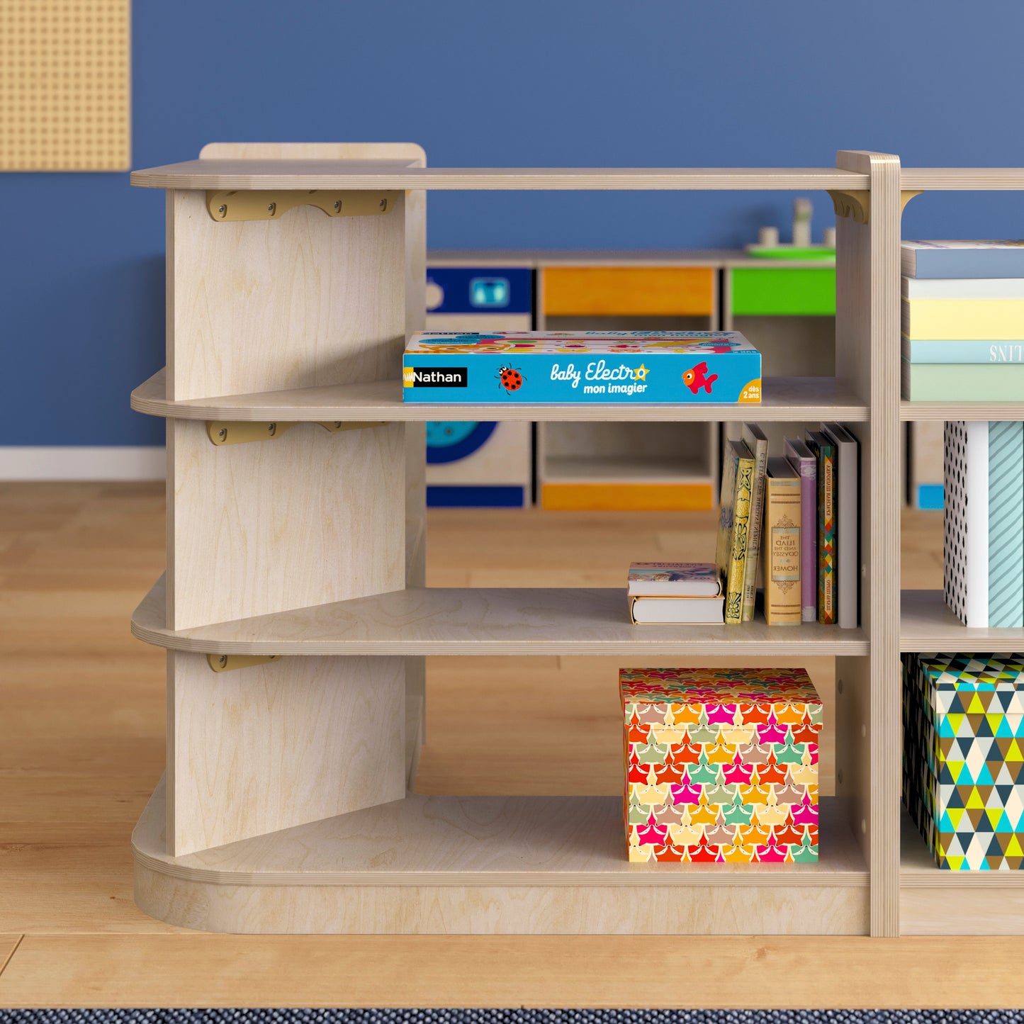 Bright Beginnings Commercial Grade 3 Tier Wooden Classroom Open Corner Storage Unit, Safe, Kid Friendly Design, Natural Beech