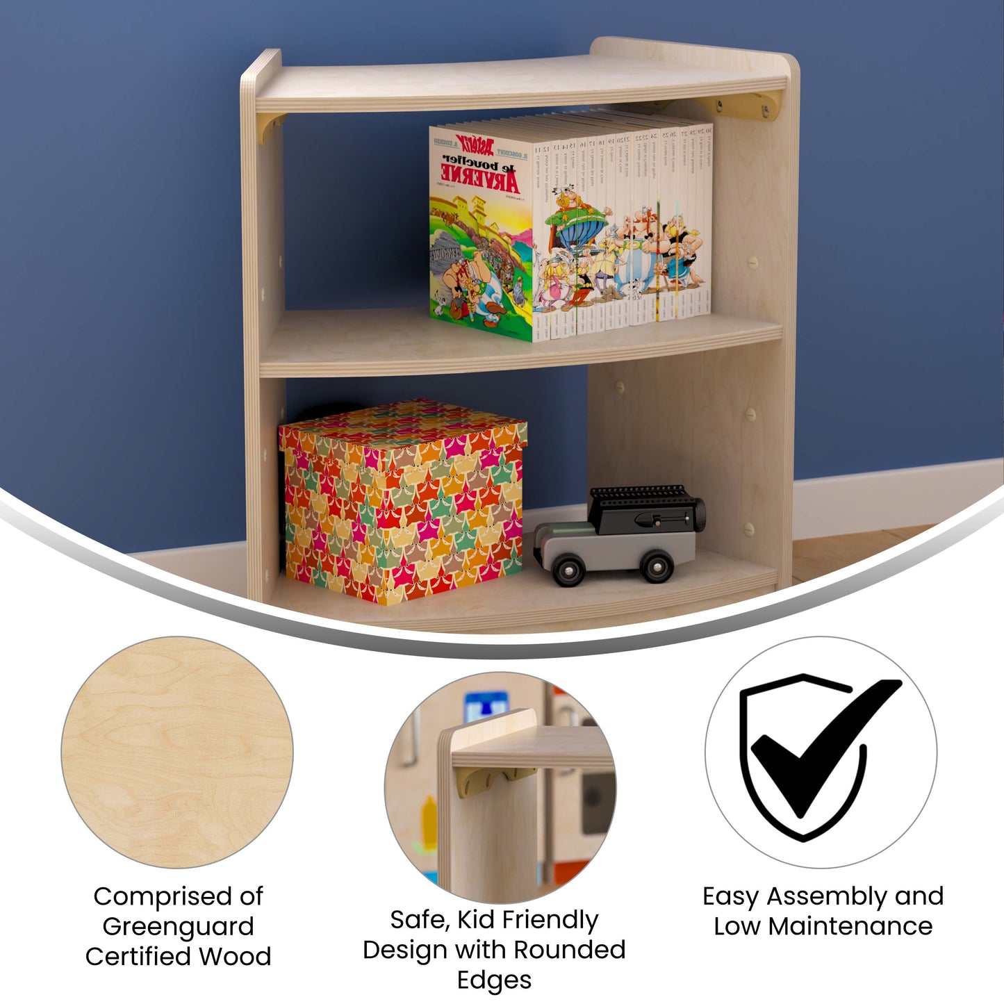 Bright Beginnings Commercial Grade Bow Front 2 Tier Wooden Classroom Open Corner Storage Unit, Safe, Kid Friendly Design, Natural Beech