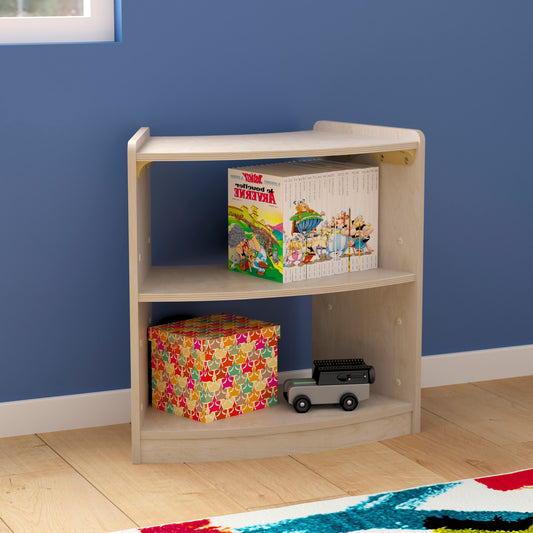 Bright Beginnings Commercial Grade Bow Front 2 Tier Wooden Classroom Open Corner Storage Unit, Safe, Kid Friendly Design, Natural Beech