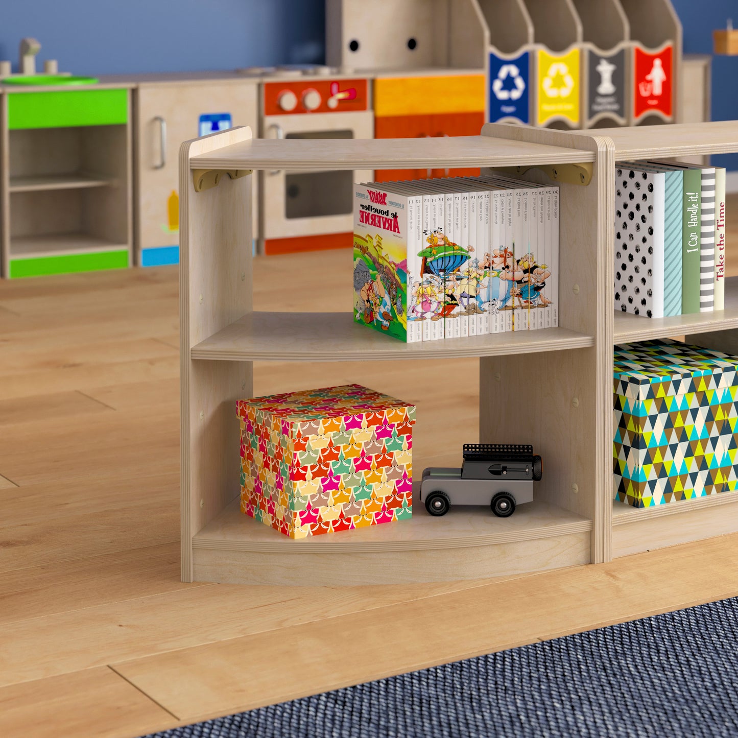 Bright Beginnings Commercial Grade Bow Front 2 Tier Wooden Classroom Open Corner Storage Unit, Safe, Kid Friendly Design, Natural Beech