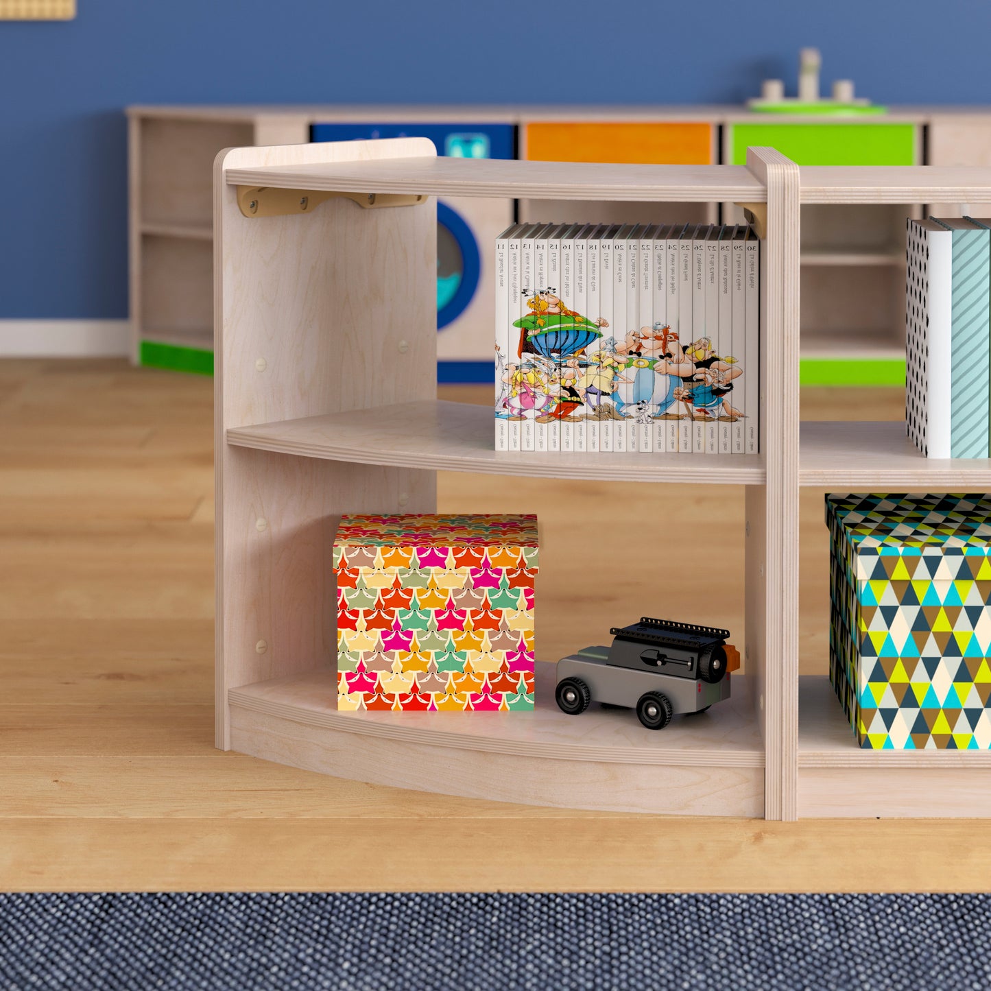 Bright Beginnings Commercial Grade Bow Front 2 Tier Wooden Classroom Open Corner Storage Unit, Safe, Kid Friendly Design, Natural Beech