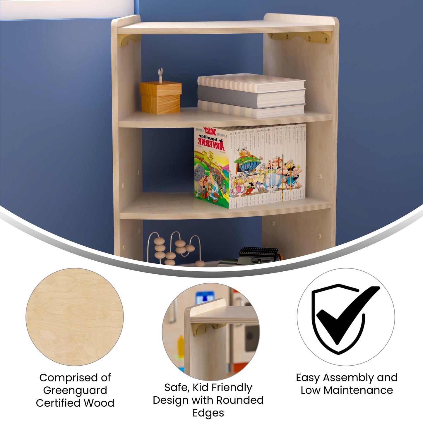 Bright Beginnings Commercial Grade Bow Front 3 Tier Wooden Classroom Open Corner Storage Unit, Safe, Kid Friendly Design, Natural Beech MK-KE24077-GG